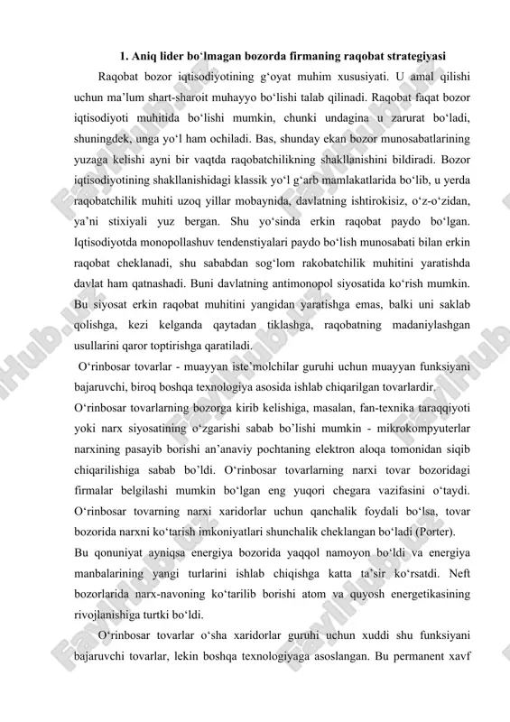 ida narxni ko‘tarish imkoniyatlari shunchalik cheklangan bo‘ladi (porter). bu qonuniyat ayniqsa energiya bozorida yaqqol namoyon bo‘ldi va energiya manbalarining yangi turlarini ishlab chiqishga katta ta’sir ko‘rsatdi. neft bozorlarida narx-navoning ko‘tarilib borishi atom va quyosh energetikasining rivojlanishiga turtki bo‘ldi. o‘rinbosar tovarlar o‘sha xaridorlar guruhi uchun xuddi shu funksiyani bajaruvchi tovarlar, lekin boshqa texnologiyaga asoslangan. bu permanent xavf yaratadi, chunki o‘rnini bosish xavfi doimo majud. ushbu xavflar texnologik yutuqlar natijasida o‘sishi mumkin. o‘rinbosar tovarlarga bo‘lgan haqiqiy narxlar tovar bozorida harakat qiluvchi firmalar belgilashi mumkin bo‘lgan eng yuqori baholarni aniqlaydi. o‘rinbosar tovarlar foydalanuvchilarni qanchalik qoniqtirsa, tovar bozorida narxlarning o‘sish imkonyati shunchalik chegaralangandir. energoresurslar bozoridagi bunday holat energiyaning yangi manbalarini ishlab chiqarishga katta ta’sir ko‘rsatadi. neft bahosining oshib ketishi atom va quyosh energetikasining rivojlanishiga keng yo‘l ochib beradi. mijozlar o‘z ta’minotchilari bilan ma’lum miqdorda savdolashish qobiliyatiga egadir. ular firmani narxlarni pasaytirishga majbur qilib, keng xizmatlar kompleksini va yanada yaxshi to‘lov sharoitlarini talab qilib, firma …