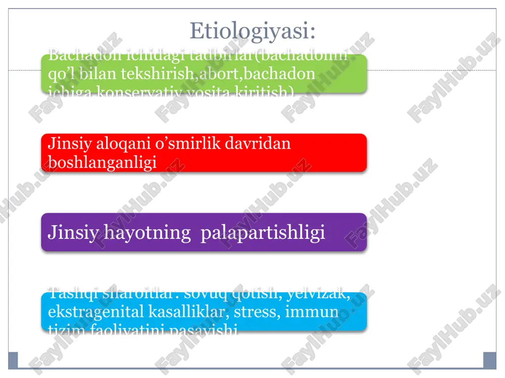 ham dorilar ishlatiladi. bakterial vaginozda dalasin krem 3 kun davomida 1 martadan ishlatiladi. umumiy quvvatlantiruvchi muolajalar o’tkazish fizioterapevtik muolajalar o’tkazish salpigoofarit bachadon naylarining va tuxumdonning yallig’lanish kasalligi. infeksiyaning tarqalish yo’llari: yuqoriga ko’tariluvchi infeksiya bachadondan pastga tushuvchi infeksiya qorin pardasidan limfogen yo’l bilan yondosh a’zolar yalliglanganda klinik kechishiga ko’ra turlari: abortiv yengil yashirin klinikasi: klinik kechishida 2 ta variantini farqlash kerak: jinsiy yo’llardan ko’p miqdorda sekretsiya kelishi bachadon ortiqlarida eksudativ jarayonlar , genekologik tekshirganda og’riq, subfebrilitit, biroz leykotsitoz, giperalbuminemiya, c - reaktiv oqsil. anovulyatsiya, sariq tana funksiyasini buzilishi aniqlanadi. bemor umumiy axvolining buzulishi, mehnat faoliyatining susayishi , kayfiyatning beqarorligi, tasirchanlik kuzatiladi. chuqur paypastlanganda aorta yo’li bo’ylab, pastki kovak vena yopqich mushak sohasida, dumg’aza chigali sohasida og’riq. bachadon ortiqlari biroz kattalashgan, zichlashgan, paypastlanganda kam og’riqli. qonda leykopeniya limfasitoz, sikl davrida esterogen va progesteron miqdorini yetishmastligi. diagnostikasi: anamnez qin orqali tekshirgandagi ma’lumotlar(bachadon ortiqlarining kattalashganligi, paypastlanganda bezillab og’riqli bo’lishi) ultratovush orqali tekshirish davolash: antibyotiklar …