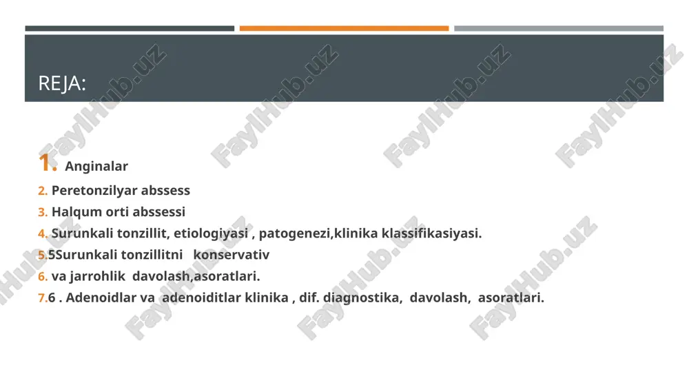 zgarshlar kuzatiladi. * faringoskopiya-murtaklar qizargan shishgan,murtaklar yuzasidako‘p sonli aylana,bir oz bo‘rtib chiqibsarg‘ish-oqnuqtalarko‘rinib,yulduzli osmonni eslatadi.limfa tugunl katta og‘riqli. * lakunar angina. yallig‘lanish jarayoni murtaklar parinximasi va ularni falikullalariga tarqalgan bo‘lib kasallik nisbatan og‘irkechadi.shikoyatlari birdaniga boshlangan,isitma,aznob,bosh,oyoq,qo‘l,bel',bug‘imlar,yurak sohasida.tomoqda og‘riq va boshqalar.limfa tugunlar kattalashgan,og‘riqli.qonda siydikda o‘zgarishlar kuzatiladi. * faringoskopiya murtaklar shilliq qovatiqizargan,shishgan,nilchalar kengaygan,sariq yiringli qoplamalar bilan qoplangan,murtak chegarasidan chiqmagan,engil olinadi qonamaydi. * tashxis. bemor shikoyatlari,kasallik boshlanishi,kasallikni klinik kechimi,faringoskopiya va labaratoriya tekshirish natijalari asosida qo‘yiladi. * flegmoli angina * klinikasi shikoyatlari: tomoqda og‘riq,yutinish qiyin va og‘riqli,varaja,isitma bo‘yin limfa tugunlari kattalashgan, og‘riqli.klinik kechimbo‘yincha;kataral,folikulyar,lakunar,aralash va boshqalar. * tashxis. kasallik boshlanishi,anamnez, bemor shikoyatlari,klinikasi. labaratoriya tekshiruvlari. bo‘yin limfa bezlarining kattalashuvi. faringosokpiya ko‘rinishi * faringoskopik manzarasi * 1.meyorida xalqum manzarasi 3.kataral angina 4.follikulyar angina 2.lakunar angina 5.flegmonali angina qiyosiy nashxis. o‘rvi halqum difteriyasi davolash . * davolash anginalar ambulator, og‘ir hollarda yuqumli kasalliklar kasalxonasida davolanadi. boshqalarga yuqtirmaslik uchora tadbirlari ko‘riladi. antibiotiklar,gistaminga karshi,immunitetni faolashtiruvchi, simtomatik dori vositalari buyuriladi.profilaktika * paratonzilyar absess …