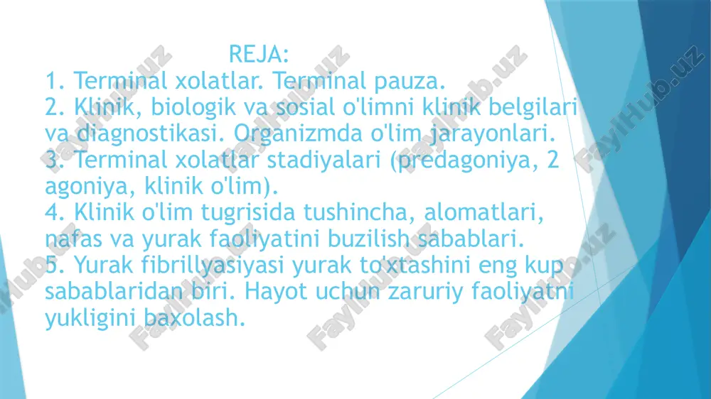 di, yurak urishi va nafas to‘xtaydi. terminal holat turli sabablarga ko‘ra yuzaga kelishi mumkin: ✅ yurak va qon aylanish tizimi kasalliklari: miokard infarkti. arterial gipertenziya fonida insult. og‘ir aritmiyalar (fibrillyatsiya, asistoliya). qon yo‘qotish (shok). ✅ nafas tizimi kasalliklari: nafas yo‘llarining to‘silishi (bo‘g‘ilish, bronxospazm). o‘pka shishi. og‘ir o‘pka kasalliklari (pnevmoniya, covid-19, astma). ✅ markaziy asab tizimi zararlanishlari: miya jarohati. neyroinfeksiyalar. insult yoki qon quyilish. og‘ir intoksikatsiya (zaharlanish). ✅ metabolik buzilishlar: qandli diabetda ketoatsidotik koma. gipopotassiemiya yoki hiperkalemiya. og‘ir suvsizlanish. ✅ tashqi omillar: elektr toki urishi. radiatsiya ta’siri. gipotermiya yoki issiqlik zarbasi klinik, biologik va sosial o'limni klinik belgilari va diagnostikasi. organizmda o'lim jarayonlari o‘lim turlari va uning diagnostikasi 1.klinik o‘lim – organizmda hayotiy jarayonlar to‘xtagan, lekin qayta tiklash mumkin bo‘lgan oraliq holatdir. bu bosqich 3–6 daqiqa davom etadi, keyin biologik o‘lim yuz beradi. klinik belgilari nafas olish to‘xtaydi – ko‘krak qafasi harakati kuzatilmaydi. yurak urishi yo‘q – nabz tomirlarda sezilmaydi (karotis …