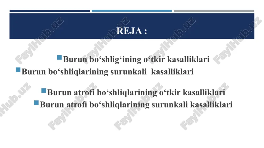 qavatlari qizarib shishgan, pastki burun yo‘lida ko‘p miqdorda shilimshiq ajralma aniqlanadi. iii bosqich- yiringlash; shikoyatlari: burunning vaqt - vaqti bilan bitishi, hid sezish va taʼm bilish bir oz paydo bo‘lgan, nafas olish tiklana boshlagan, yiringli ajralma oqadi. rinosokpiyada: burun bo‘shlig‘i kengaygan, shilliq qavatlarida shish, qizarish kamaygan, ajralma yiringli, asosan pastki burun yo‘lida. kasallik asta - sekin 7-8 kun davom etib, sog‘ayish bilan tugaydi. baʼzan u surunkali shaklga o‘tadi yoki asoratlar qoldirishi mumkin. asoratlari faringit traxeobranxit laringotroxeit zotiljam sinusit o‘tkir kataral yiringli otit dakriotsistit burun dahlizi dermatiti tashxis kasallikning boshlanishi, bemor shikoyatlari, rinoskopiya, rentgenologik, bakteriologik, virusologik, allergologik, rinopnevmometriya, olfaktametriya va boshqa tekshiruvlarga asosida qo‘yiladi. davolash 1. ovqatlanish va dam olish tartibiga rioya qilish. 2. burun orqali nafas olishni yaxshilovchi dorilar: naftizin, sanorin, galazolin, naftimizin. 3. interferon – burunga tomchi yoki ingalyasiya shaklida 4. chalg‘ituvchi muolajalar: oyoqlarga xontal bilan vanna qilish, oyoq qorinchalariga xontal qo‘yish 5. antibiotiklar, desensibilizatsiya vositalari, dezintoksikatsiya tadbirlari, simtomatik …