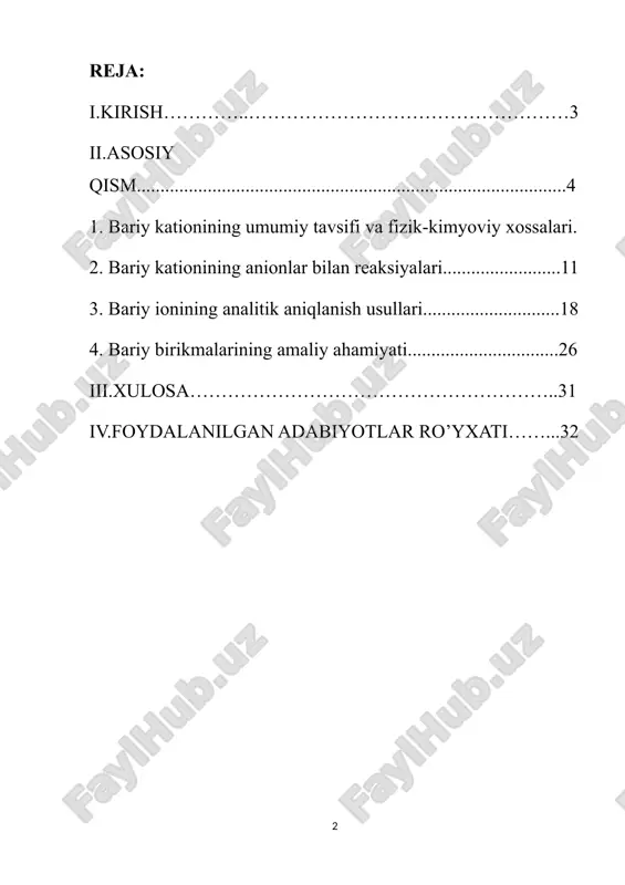larni aniqlash va ajratib olishda muhim vosita bo‘lib xizmat qiladi. kurs ishining ushbu mavzusi — "bariy kationining reaksiyalari" —ni tanlashdan maqsad, ba²⁺ ionining asosiy kimyoviy xossalarini, turli anionlar bilan reaksiyaga kirishishini, hosil bo‘ladigan cho‘kmalar va ularning ahamiyatini o‘rganish, shuningdek, laboratoriya sharoitida bariy kationini aniqlash usullarini chuqur tahlil qilishdan iboratdir. ushbu kurs ishi orqali talaba nafaqat bariy kationining nazariy asoslarini o‘zlashtiradi, balki uning laboratoriya sharoitidagi amaliy reaksiyalarini ham tahlil qilish ko‘nikmasini rivojlantiradi. shuningdek, bu ish analitik kimyoda kation va anionlarni aniqlash texnikalari haqida chuqurroq bilim olishga xizmat qiladi. mavzuning dolzarbligi: hozirgi kunda kimyo fanining turli sohalarda – sanoatda, tibbiyotda, ekologiyada va materialshunoslikda qo‘llanilishi kengayib borayotgani bois, kimyoviy elementlar va ularning ionlari haqidagi chuqur bilimlar yanada muhim ahamiyat kasb etmoqda. ayniqsa, bariy kationi (ba²⁺) kabi faol ionlarning xossalarini o‘rganish va ulardan amaliyotda foydalanish bugungi kundagi ilmiy-tadqiqot ishlari va texnologik rivojlanishlar uchun dolzarb masalalardan biridir. bariy kationi turli anionlar bilan reaksiyaga kirishib, muhim …