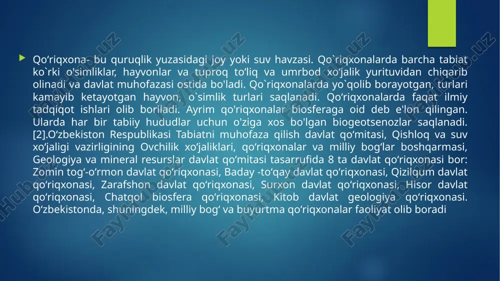 , vahima qush, jiblajibon, yirtqich qushlardan tasqara va boltayutarlar uchraydi. qizilqum davlat qo'riqxonasi. qoʻriqxona hayvonot olamiga juda boy. bu yerda xalqaro va o'zbekiston respublikasi «qizil kitobi"ga kiritilgan, sutemizuvchilardan buxoro bug'usi va jayron, qushlardan churrak, yo'rg'a tuvaloq, suv burguti, baliqlardan amudaryo katta kurakburuni uchraydi. surxon davlat qo'riqxonasi. bu qo`riqxonaning hayvonot olami xilma-xil: buxoro qoʻyi, jayron, turkiston silovsini, echkemar, kapcha ilon, turkiston oq laylagi, qora laylak, burgut, boltayutar, tasqara, ilonburgut va mallabosh lochinlar xalqaro va o'zbekiston respublikasi «qizil kitobiga kiritilgan. zarafshon dasht-toʻqay qo'riqxonasi. qoʻriqxonada yuzdan ziyod hayvon turlari ro'yxatga olingan va muhofaza etiladi. qoʻriqxonada oddiy to'qay tovush- qoni, boʻrsiq, karaganka, chiyabo'ri, toʻqay mushugi, jayra ko'paytiriladi. kitob davlat qo'riqxonasi. kitob davlat qo'riqxonasi zarafshon tog' tizmasining janubi g'arbiy qismida joylashgan. qoʻriqxonada noyob paleontologik topilmalar muhofaza qilinadi. o'zbekiston «qizil kitob»iga kiritilgan burgut, boltayutar va boshqa hayvonlar qo'riqxona faunasini tashkil etadi. chotqol tog'-o'rmon biosfera qo'riqxonasi. chotqol qo'riqxonasida markaziy osiyo tog ekotizimlarining faqatgina shu hududda uchraydigan endemik …