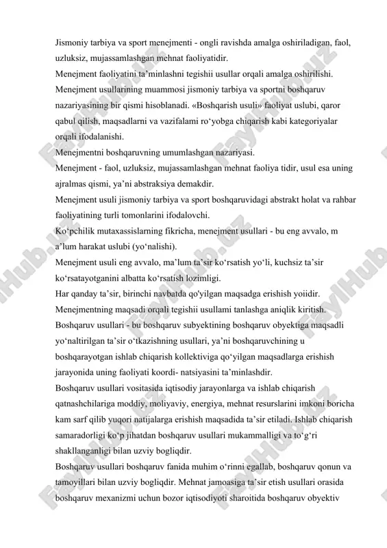 va to‘g‘ri shakllanganligi bilan uzviy bogliqdir. boshqaruv usullari boshqaruv fanida muhim o‘rinni egallab, boshqaruv qonun va tamoyillari bilan uzviy bogliqdir. mehnat jamoasiga ta’sir etish usullari orasida boshqaruv mexanizmi uchun bozor iqtisodiyoti sharoitida boshqaruv obyektiv qonunlari talab- lariga muvofiq keluvchilarigina eng maqbul va maqsadga muvofiq deb hisoblanadi. buning mohiyati shundaki, boshqaruv usullari bozor iqtisodiyotiga mansub qonunlar tizimi bilan uzviy bogliqdir. boshqaruv usullari tashqi va ichki omillar ta’sirida o‘zgaradi. tashqi omillarga: tashqi va ichki sharoit o‘zgarishi, iqtisodiyotni boshqarishda tub islohotlami amalga oshirish, xalq xo‘jaligining texnikaviy qurollanganlik darajasini boshqarish tizimida o‘zga- rishlar (iqtisodiy islohotlar, iqtisodiyotni boshqarishning tarmoq tizimidan hududiy tizimiga o'tish va h.k.) kiradi. ichki omillarga: yirik ishlab chiqarish birlashmalarini tashkil etish asosida ishlab chiqarish konsentratsiyasini amalga oshirish; korxona kattaligi o‘zgarishi natijasida uning bir guruhdan ikkinchisiga o ‘tkazilishi; ishlab chiqarish ixtisoslashish darajasining o ‘zgarishi; mehnatning texnika bilan ta’minlanish darajasining yaxshilanishi; ishlab chiqarishni rejalashtirish va jadal tartibga solishning mavjud usullarini takomillashtirish va yangilarini joriy …