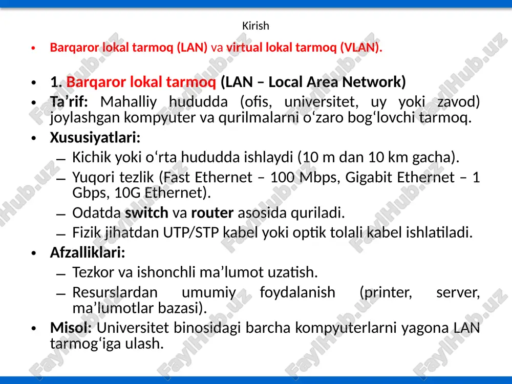mantiqiy bo'linishi bo'lib, qurilmalarni jismoniy joylashuvi emas, balki funktsiyalari bo'yicha guruhlash imkonini beradi. vlan tarmoqlarni boshqarishni yaxshilaydi, trafikni izolyatsiya qilish orqali xavfsizlikni oshiradi, translyatsiya domenlari hajmini kamaytiradi va tarmoq ish faoliyatini optimallashtiradi. stp protokoli stp (spanning tree protocol) — bu ethernet tarmoqlarida halqaviy (loop) ulanishlarni oldini olish uchun ishlab chiqilgan kanal darajasidagi (layer 2) protokol hisoblanadi. uni ieee 802.1d standarti belgilaydi. ieee 802.1d standarti asosida ishlab chiqilgan. sta algoritmini amaliyotda ishlatadi. konvergentsiya sekinroq, lekin ishonchli. afzalligi: halqalarni bartaraf etadi. kamchiligi: tarmoq tiklanishi uzoq vaqt talab qiladi. stp protokoli 1. nega stp kerak? switch’lar bilan tarmoqlar qurilganda ortiqcha ulanishlar (redundant links) ishlatiladi. bu barqarorlikni oshiradi, lekin loop (ma’lumot paketlari cheksiz aylanib qolishi) yuzaga keltiradi. stp looplarni aniqlaydi va oldini oladi, faqatgina bitta faol yo‘lni qoldirib, boshqalarini “kutish rejimi”ga o‘tkazadi. 2. stp qanday ishlaydi? root bridge tanlanadi – tarmoqning markaziy switch’i. root bridge’dan boshlab barcha yo‘llar hisoblanadi. eng qisqa yo‘l faol bo‘ladi, …