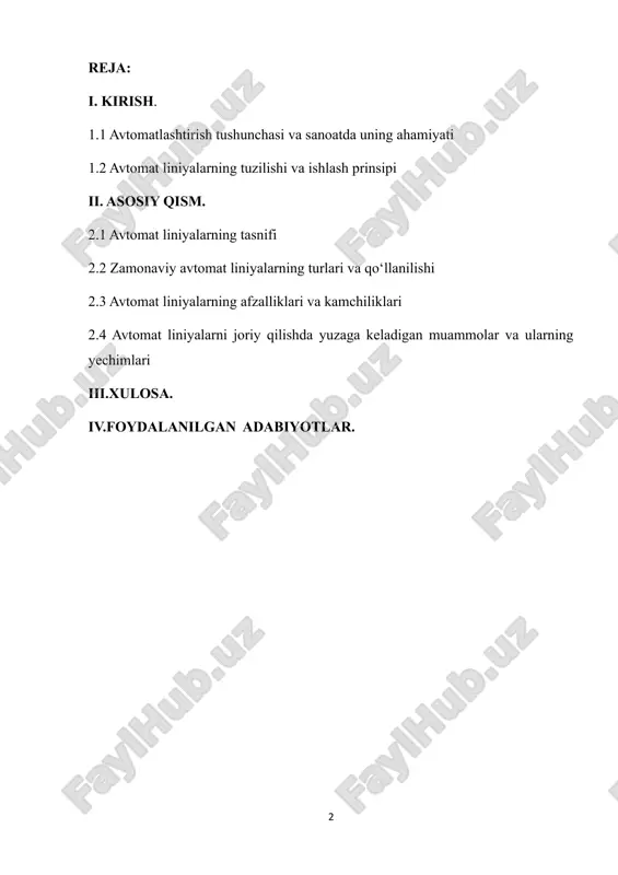 yechimlariga ham e’tibor qaratiladi. 1.1 avtomatlashtirish tushunchasi va sanoatda uning ahamiyati avtomatlashtirish — bu inson ishtirokisiz yoki minimal aralashuvi bilan ishlab chiqarish jarayonlarini boshqarish va amalga oshirish jarayonidir. bu jarayon turli xil texnik vositalar, mexanizmlar, dasturiy ta’minot va boshqaruv tizimlari orqali bajariladi. avtomatlashtirish deganda, texnologik operatsiyalarni aniq, uzluksiz va yuqori aniqlikda bajarishni ta’minlovchi tizimlar majmuasi tushuniladi. sanoat sohasida avtomatlashtirish jarayonlari ishlab chiqarish unumdorligini sezilarli darajada oshirishga xizmat qiladi. bu nafaqat mehnat xarajatlarini kamaytiradi, balki inson omilidan kelib chiqadigan xatoliklarni ham minimum darajaga tushiradi. avtomatlashtirilgan tizimlar yordamida mahsulot sifati yaxshilanadi, ishlab chiqarish jarayonining barqarorligi ta’minlanadi hamda xavfsizlik darajasi oshadi. avtomatlashtirish sanoatning quyidagi sohalarida keng qo‘llaniladi: · mashinasozlik — stanoklar, yig‘uv liniyalari, payvandlash jarayonlarida; · oziq-ovqat sanoati — mahsulotni qadoqlash, aralashtirish, tayyorlash; · kimyo va farmatsevtika sanoati — moddalarning aniq dozalarda aralashtirilishi va qadoqlanishi; · energetika — elektr stansiyalarining ishlashini nazorat qilish. avtomatlashtirishning asosiy afzalliklari quyidagilardan iborat: · ishlab chiqarish tezligi va …