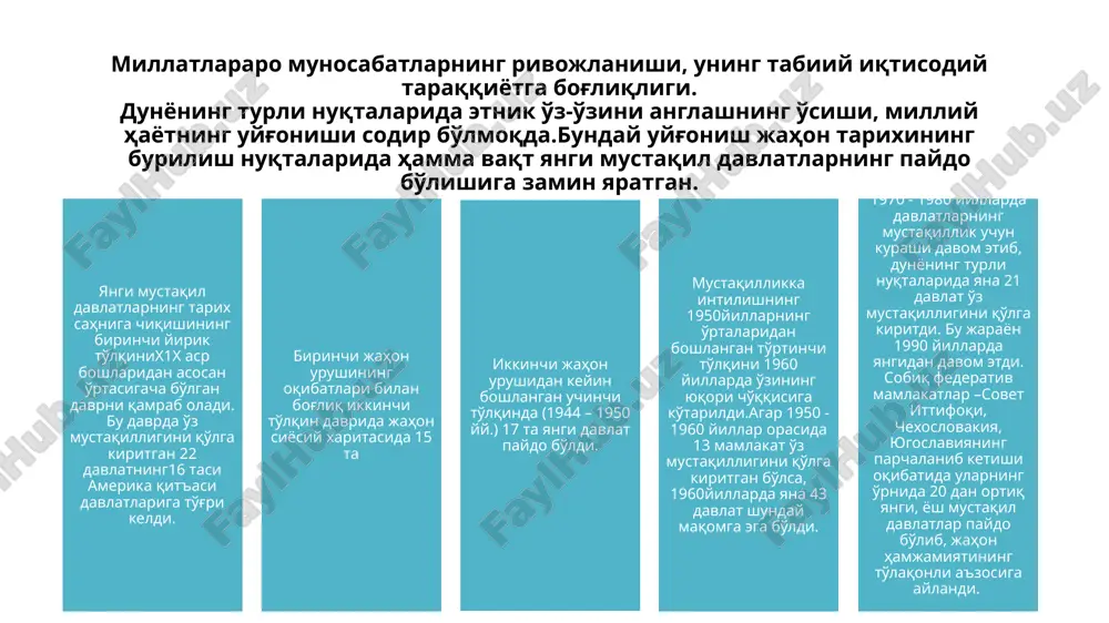 alar zamirida yuzaga kelgan. ammo hozirgi davrda ichki milliy munosabatlarni kuchaytirish, mustahkamlashda onglilik, aniq maqsadni ko'zlab harakat qilishga intilish kuchayib bormoqda. bunda o'zining davlat tuzilmalariga ega bo'lgan millatlar tajribasining ta'siri bor, albatta. chegaradosh mamlakatlarda yashayotgan kurdlarning hududiy birlashib, o'zlarining mustaqil davlatini qurishga intilayotgani buning dalilidir. ayni paytda, tarix sahnida yangi davlatlarning paydo bo'lishi ularga nom bergan millatlarning qo'shni mamlakatlarda uyushib yashayotgan elatdoshlari etnik ongining keskin darajada o'sishi, yashayotgan hududlarini o'z milliy davlatlari bilan birlashtirishga urinishni keltirib chiqarmoqda. xususan, kosovodagi harakatlar buning isbotidir. millatlarning o'z mustaqil davlatini barpo etish va turli chegaradosh mamlakatlar hududida yashayotgan xalqlarning o'zining mavjud milliy davlati bilan birlashishga urinishlari kuchayadigan bo'lsa, dunyoning yangidan – milliy asosda qayta bo'linishi sodir bo'ladi. bugungi kunda buyuk britaniya, daniya, ispaniya, aqsh kabi qator davlatlar 40 dan ortiq hududlarga egalik qilib turgani inobatga olinsa, buning uchun real asoslar mavjudligiga ishonch hosil qilish mumkin. demak, jahon siyosiy xaritasida yangi davlatlarning paydo bo'lish jarayoni …
