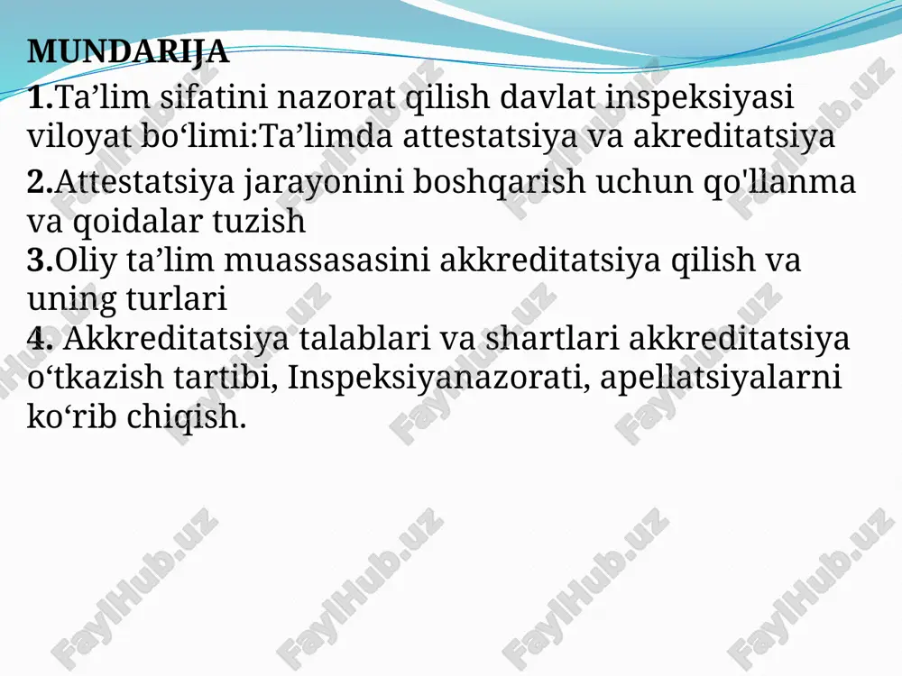hkilotlariga litsenziyalar berish; xorijiy mamlakatlarda berilgan taʼlim toʻgʻrisidagi hujjatlarni tan olishni tashkil etish [4] ; respublika hududida xorijiy taʼlim muassasalarining taʼlim faoliyatini yuritish huquqiga ruxsatnomalar berish uchun taqdim etilgan hujjatlarni ekspertizadan oʻtkazish; taʼlim va fan sohasi tashkilotlari tomonidan beriladigan rasmiy hujjatlarga apostil qoʻyish; oʻzbekiston respublikasi taʼlim muassasalari reytingini tuzish va rasman eʼlon qilish; oʻquvchilarning bilim darajasini baholash boʻyicha xalqaro dasturlar va tadqiqotlarda oʻzbekiston respublikasining ishtirokini taʼminlash; dunyoning yetakchi reyting tashkilotlari bilan hamkorlik qilish va milliy oliy taʼlim muassasalarining ushbu reytinglarga kirishiga har tomonlama koʻmaklashish. fan va innavatsiyalarni rivojlantirish jarayonida talimning yangi goylar bilan toldirish hamda oqituvchilar va oquvchilar ortasidagi talimiy jarayonni togri baholash bilan bir qatorda oqituvchilarning bilim va malakalarini oshirish uchun davlat talim markazi tamonidan attestasiya hamda akkreditatsiyasining tashkil etilganligi va ularning amalga oshirilishi uchun koplab mablaglar ajratilayotgani alohida ahamiyatga egadir. kurs ishining ham asosiy maqsadi ham bilim va malakalarni rivojlantirish va ularni mustahkamlab yangi innavatsiya va goyalar bilan …