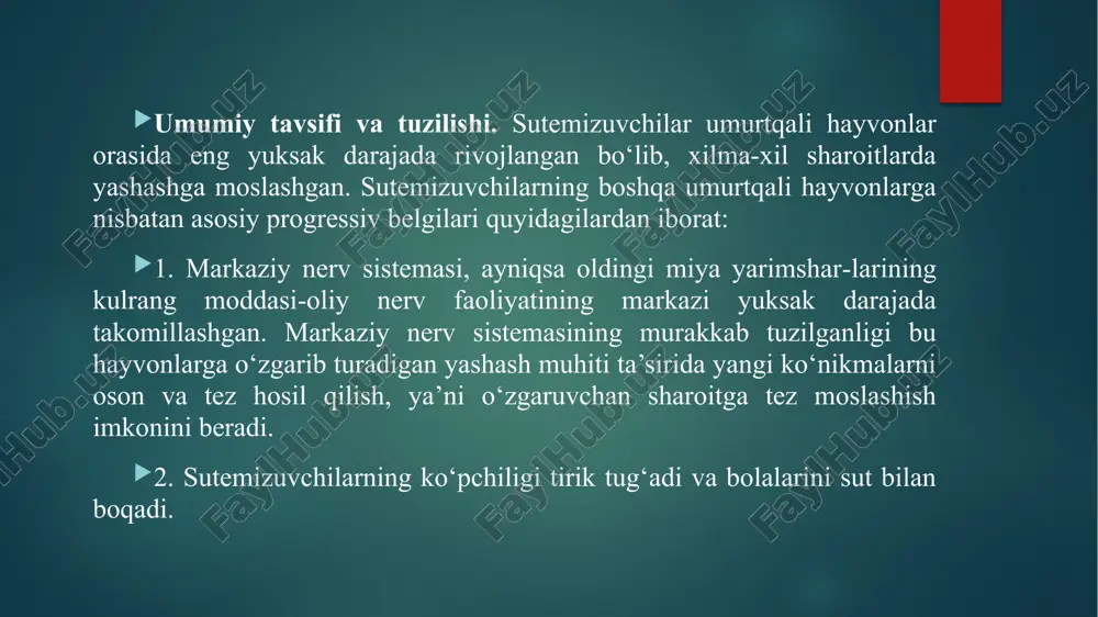 shli yirik sutemizuvchilar uchun xos bo‘ladi. platsentar mexanizmi yaxshi rivojlanmagan tuban sutemizuvchilarda issiqlikni saqlashda hayvon massasi va tana yuzasi orasidagi nisbati manfiy bo‘lgan, kichik yo‘ldoshlilarda tana haroratining o‘zgarishi tashqi muhit haroratiga bog‘liq bo‘ladi. masalan: xaltali kalamushning tana harorati +37,8…+29,3oc, primitiv hasharotxo‘rlardan-tenrekniki +34-+130c, zirhlilarning bir turiniki +40…+27oc, oddiy dala sichqonniki +37…+32oc atrofida o‘zgarib turadi. yuqorida ko‘rsatilgan progressiv belgilaridan tashqari, sutemizuvchilarda yana o‘ziga xos tuzilish belgilari bor, ya’ni sutemizuvchilarning tanasi jun bilan qoplangan va ularning terisi turli bezlarga juda boy. bo‘yin umurtqalari asosan 7 ta bo‘ladi. yuragi to‘rt kamerali bo‘lib, faqat chap aorta yoyi saqlanib qolgan. eritrotsitlari yetilgan davrida yadrosiz bo‘ladi. tishlari differentsiallangan bo‘lib, kurak, qoziq, va oziq tishlarga bo‘lingan, ular chuqurchalar (alveolalar)da joylashgan. pastki jag‘i faqat tish suyaklaridan iborat eshitish organi uch bo‘limdan iborat bo‘lib, o‘rta qulog‘ida uchta eshitish suyakchalari (uzangi, sandon va bolg‘acha) bor. tirsak bo‘g‘imi orqaga, tizza bo‘g‘imi esa oldinga qaratilgan, oyoqlari tanaga pastki tomondan birikkan bo‘ladi. tana shakli. …