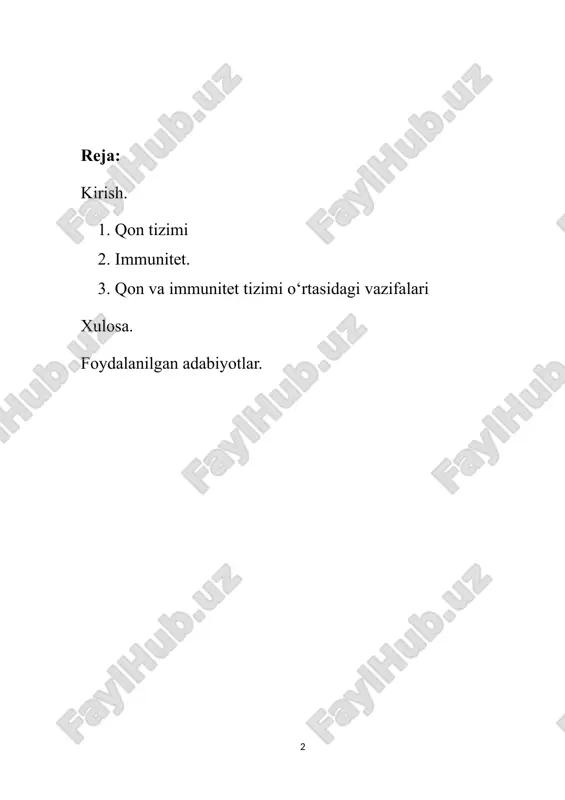 qiluvchi elementlar (plazma va shaklli elementlar) majmuasi boʻlib, organizm ichki muhutining eng asosiy tarkibiy qismi hisoblanadi. organizm ichki muhitini toʻqima (intersitsial) suyuqlik, qon va limfa tashkil etadi. bu suyuqliklar xossalari va tarkibi bir-biriga uzviy bogʻliq hisoblanadi. lekin organizmning haqiqiy ichki muhiti boʻlib toʻqima suyuqligi tashkil qiladi, sababi organizmning hujayralari faqatgina toʻqima suyuqligi bilan bevosita doimiy aloqada boʻlib turadi. qon esa yurak endokardi va tomirlar endoteliysiga tirangan holda oqadi, hamda, toʻqima suyuqligi tufayli barcha aʼzo hamda toʻqimalar faoliyatiga doimiy taʼsir qilib boradi. tomirlar devori orqali vitaminlar, gormonlar va turli biologik faol moddalar qon oqimiga doimiy oʻtib turadi[2]. qon, toʻqima suyuqligi va limfaning asosiy tarkibiy qismi suv hisoblanadi. odam organizmida tana massasining 75 % ni suv tashkil etadi, hamda, tana massasi 70 kg boʻlgan odamda limfa va toʻqima suyuqligining 30 % (20-21l) ni, hujayra ichidagi suyuqlikning esa 40 % (27-29l) ni va qon plazmasining 5 %ga yaqin (2,8-3,0l) qismini suv tashkil qiladi. …