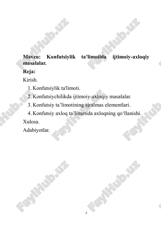 aosizm va buddizm bilan birga). konfutsiy asos solgan. konfutsiyning ilk davomchilari — men-szi (mek ke — miloddan avvalgi 371— 289), ven-szi (miloddan avvalgi 6-asr), xan fey-szi (miloddan avvalgi 233 yil v.e.), keyingi davrda fan chjen (6-asr), xan yuy (768—824) va boshqa konfutsiy taʼlimotida insonparvarlik (jen), odob qoidalari (li), fazilat (de) tushunchasi muhim oʻrin egallaydi. insonparvarlik tushunchasiga koʻra, odamlar axloqiy va ijtimoiy munosabatlarda yoshi ulugʻ, mavqei baland kishilarni xurmat qilishlari, podshohga sadoqatli boʻlishlari kerak. odob kridalari tushunchasiga koʻra, u tufayli yuksak fazilatlar shakllanadi, jamiyat rivoj topadi, adolat tantana qiladi. burchni ado etish tufayli in-son kamolotga erishadi. uning negi-zida "sen oʻzing nimaga erishishni istasang, unga boshqalarning erishishiga koʻmaqlash", "sen nimani orzu qilmasang, uni boshqalarga ravo koʻrma" kabi hayotiy tamoyillar yotadi. "buyuk taʼlimot" va "oʻrtalik haqida taʼlimot" degan asarlarni konfutsiy yozgan deb taxmin qilinadi. bu kitoblarga koʻra, odamlarning birgalikda oqilona yashashi tartibining muhim shartini 5 ta oddiy va buyuk fazilat tashqil etadi: donolik; …