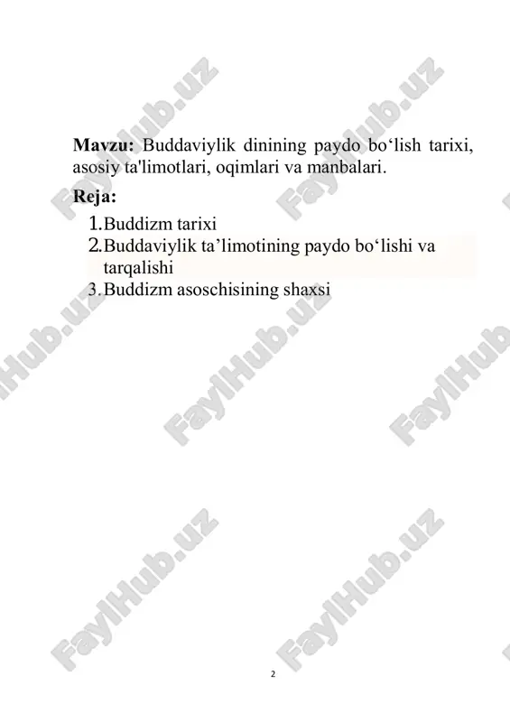 (azobuqubatning tugashiga) olib keladi. nirvanaga yetishish uchun talab qilinadigan axloqiy barkamollik bir emas, bir necha hayotni taqozo etishi mumkin. b. zaminida 3 narsa — budda, dharma va sangxaga eʼtiqod yotadi. budda (siddhartha gautama) oliy haqiqatga yetishishning yorqin timsoli. dharma — gautama qoldirgan taʼlimot. bu taʼlimotning eng qisqa bayoni "toʻrt oliy haqiqat"dan iborat: 1) azobuqubat mavjud; 2) azobuqubatning sababi (istak) mavjud; 3) azobuqubatning tugashi (nirvana) mavjud; 4) azobuqubatning tugashiga olib keluvchi sakkiz bosqichli yoʻl mavjud. sangxa — budda asos solgan va hozirgacha faoliyat koʻrsatib kelayotgan rohiblar jamoasi. tor maʼnoda bu — oʻtgan ayerlarda "oliy haqiqat"ga yetishgan koʻplab avliyolardir. sangxa jamoasiga kabul etilgan shaxs quyidagi 10 farzni ado etishga qasamyod qiladi: 1) hech kim yoki hech narsani hayotdan judo qilmaslik; 2) yolgʻon soʻzlamaslik; 3) oʻgʻrilik qilmaslik; 4) jinsiy aloqaga kirmaslik; 5) mast qiluvchi ichimlik ichmaslik; 6) kunning ikkinchi yarmidan to ertangi sahargacha ovqat tanovul qilmaslik; 7) uch kiyimdan ortiq hech narsa bilan …