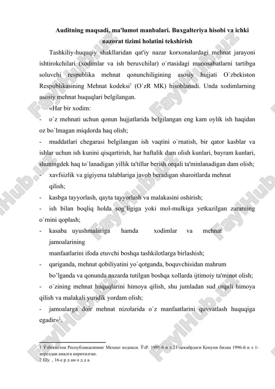 bul qilingan ichki me'yoriy hujjatlar-mehnat shartnomalari asosida amalga oshirilganligi, ular korxona rahbariyati tomonidan mehnat jamoasi vakillari ishtirokida ishlab chiqilganligiga alohida e'tibor berishi lozim. mehnat shartnomalari : · ish beruvchi bilan mehnat jamoasi vakil qilgan shaxs o`rtasida (jamoa shartnomasi); · ish beruvchi va ayrim xodimlar o`rtasida (mehnat shartnomasti, to`liq moliyaviy mas'uliyat haqidagi shartnoma) tuzilishi mumkin. · quyidagilar ish beruvchilar bo`lishi mumkin: · korxonalar, shu jumladan, ularning alohida tarkibiy bo`linmalari o`z rahbarlari timsolida; · mulkdorlarning o`zi ayni bir vaqtda rahbar bo`lgan xususiy korxonalar; · o`n sakkiz yoshga to`lgan ayrim shaxslar qonun hujjatlarida nazarda tutilgan hollarda. · ish beruvchi: · korxonani boshqarish va o`z vakolatlari doirasida mustaqil qarorlar qabul qilish; · qonun hujjatlariga muvofiq yakka tartibdagi mehnat tuzish va bekor qilish; · mehnat shartnomasida shart qilib ko`rsatilgan ishni lozim darajada bajarishni xodimdan talab qilish; · o`z manfaatlarini himoya qilish uchun boshqa ish beruvchilar bilan jamoat birlashmalari tuzish va bunday birlashmalarga a'zo bo`lish huquqiga …