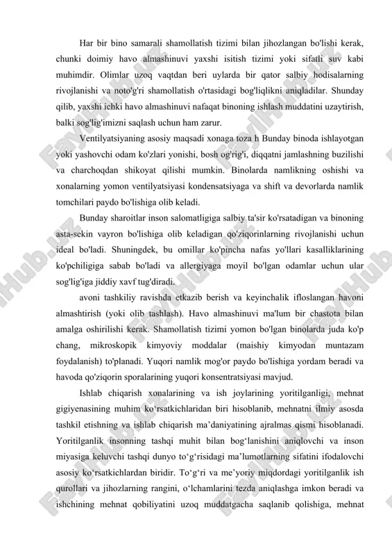 ajralmas qismi hisoblanadi. yoritilganlik insonning tashqi muhit bilan bog‘lanishini aniqlovchi va inson miyasiga keluvchi tashqi dunyo to‘g‘risidagi ma’lumotlarning sifatini ifodalovchi asosiy ko‘rsatkichlardan biridir. to‘g‘ri va me’yoriy miqdordagi yoritilganlik ish qurollari va jihozlarning rangini, o‘lchamlarini tezda aniqlashga imkon beradi va ishchining mehnat qobiliyatini uzoq muddatgacha saqlanib qolishiga, mehnat unumdorligining oshishiga, ishlab chiqarilgan mahsulotning sifatli bo‘lishiga sharoit yaratib, mehnat xavfsizligini oshiradi. yorug‘lik – elektromagnit spektrini ko‘zga ko‘rinadigan so- hasining bir qismi hisoblanadi. uning asosiy tavsifnomasi sifatida to‘lqin uzunligi a va tebranish chastotasi v qabul qilingan. bu ko‘rsatkichlar orasidagi o‘zaro bog‘lanish quyidagicha ifodalanadi: λ=s/υ, bu yerda, s – yorug‘likning tarqalish tezligi. ko‘zning ko‘rish darajasi spektrning ko‘rinadigan sohasini har xil qismida turlicha bo‘lib, spektrning yashil oblastida, to‘lqin uzunligi λ=554 nm bo‘lgan holatda maksimal hisoblanadi. yoritilganlikning asosiy yorug‘lik-texnik ko‘rsatkichlariga yorug‘lik kuchi, yoritilganlik, yorug‘likni yutish, o‘tkazish va qaytarish koeffitsiyenti, ravshanlilik, obyektning fon bilan kontrasti (obyekt bilan asosiy rang orasidagi keskin farq), yoritilganlikning pulsatsiya va notekislik koeffitsiyentlari …