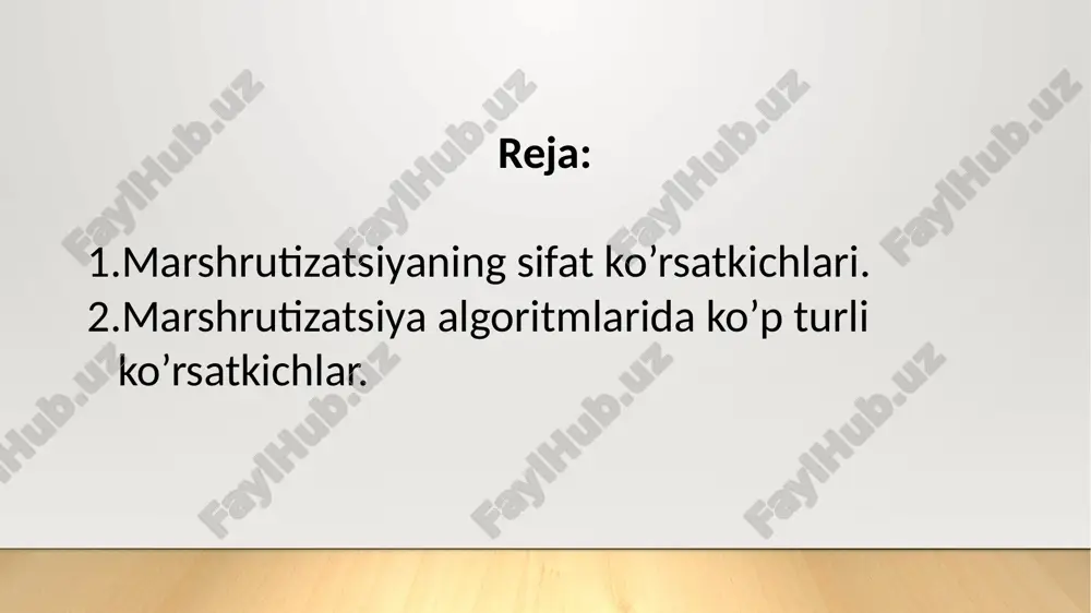 gan har bir ma’lumot oqimi uchun marshrut topish vazifasi bir marta yoki juda uzoq vaqt hal qilinadi, va adaptive marshrutizatsiya bundagi kbdagi marshrutlar matritsasi tarmoqdagi vaziyatga qarab o’zgaradi. berilgan uzel uchun marshrut haqida echim qabul qilish va marshrutlar matritsasi hisobi bo’yicha. adaptiv marshrutizatsiyada quyidagilar belgilanadi: markazlashgan marshrutizatsiya, bunda, marshrutlar haqidagi echim tbm da yoki tarmoqli marshrut markazida (tmm) qabul qilinadi; taqsimlangan (markazlashmagan) marshrutizatsiya, bunda, har bir kb uzel chiqish yo’nalishi holatini tavsiflovchi, bog’lamalararo xizmat ma’lumotlari almashinuvining alohida algoritmlaridan foydalangan holda, har bir tarmoq uzeli uchun eng qisqa yo’llarni aniqlaydi; yakka marshrutizatsiya, bunda, har bir uzel qo’shni uzellar bilan xizmat ma’lumotlarini almashmagan holda, shaxsiy kriteriy bo’yicha jo’natish yo’llari masalasini o’zi qabul qiladi; aralash marshrutizatsiya, markazlashgan va taqsimlangan marshrutizatsiyaning u yoki bu birlashuvini ko’rsatadi. 3. tarmoq uzellarida marshrut o’zgarishi haqidagi echimni qabul qilish vaqti bo’yicha. bunda marshrutlar matritsalari uskunaning qayd etilgan nosozliklari yoki tarmoq uchastkalaridagi ortiqcha yuklanishlarni, operator buyrug’i bilan tarmoqning yoqilishi, …