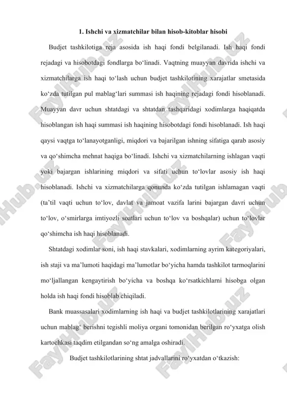 ublika budjetida, viloyat- lar budjetlarida va toshkent shahrining shahar budjetida turuvchi tashkilotlarning shtat jadvallari qoraqalpog‘iston respublikasi moliya vazirligvda, viloyatlar va toshkent shahar moliya boshqarmalarida; d) shaharlar va tumanlar budjetida turuvchi tashkilotlarning shtat jadvallari shaharlar, shaharlarning tumanlari va tumanlar moliya bo‘limlarida amalga oshiriladi. ish haqi fonding tarkibi va uni hujjatlashtirish budjet tashkilotlarining shtatlarni tasdiqlash huquqi berilgan rahbar lari tomonidan tasdiqlangan shtatlar jadvallari ro‘yxatdan o‘tkazishga qabul qilinadi. budjet tashkilotlari xodimlarining lavozim maoshlari va tarif setkalari ish haqi to‘lash bo‘yicha tasdiqlangan yagona tarifikatsiyalash tizimi asosida o‘rnatiladi, smeta bo‘yicha ko‘zda tutilgan mehnatga haq to‘lash fondi doirasida ro‘yxatdan o‘tkazishga qabul qilinadi. xodimlarni moddiy rag‘batlantirish maxsus fondi ajratilgan ish haqi to‘lash fondidan 15 foiz miqdorida ro‘yxatdan o‘tkazishga qabul qilinadi. stipendiya fondi budjet tashkilotlarining xarajatlar smetasiga qilingan hisob-kitoblar asosida ro‘yxatdan o‘tkazishga qabul qilinadi. budjet tashkilotlarining shtat jadvallarini ro‘yxatdan o‘tka zish ro‘yxatdan o‘tkazish kartochkasini berish yo‘li bilan rasmiylashtiriladi. ro‘yxatdan o‘tkazish kartochkasi bank muassasa larida tegishli depozit hisobvaraqlari bo‘lgan …