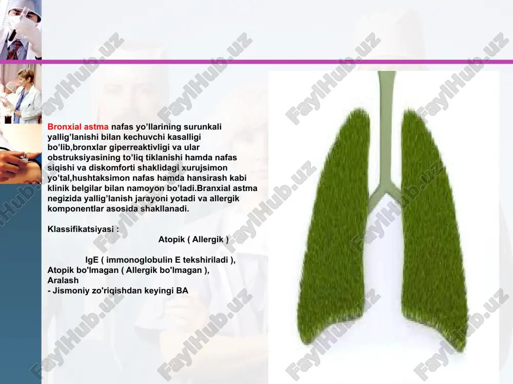 z hujayralar va limfositlar muhim ¢rin tutadi. yallig`langan giperreaktiv bronxlar triggerlar ta'siriga hansirash va b¢g`ilish xurujlari bilan namoyon bo`luvchi obstruktiv sindromga olib keluvchi nafas y¢llari silliq mushaklarining spazmi bilan, shilimshiqning gipersekresiyasi bilan, nafas y¢llari shilliq qavatining shishi va hujayrali yallig`lanish infiltrasiyasi bilan javob beradi. www.themegallery.com patomorfologiyasi: bronxlarda yallig`lanish belgilari, shilliq qavatining shishi, shilliq tiqin, silliq mushaklar giperplaziyasi, bazal membrana qalinlashishi va dezorganizasiyasi aniqlanadi. bronxial astmada endobronxial biopsiyada bronx epiteliysining ko’chishi, shilliq qavat eozinofil infiltrasiyasi ko`riladi. bronxlar yuvindi suvida ko`p miqdorda epitelial, semiz xujayralar, eozinofillar va limfositlar topiladi. www.themegallery.com klinikasi: www.themegallery.com shikoyatlar va anamnez ekspirator xansirash va/yoki yo`tal xurujlari masofadan xushtaksimon xirillashlar eshitilishi ko`krak qafasida og`irlik xissi ob’ektiv ekspirator xansirash burun kataklarini nafas olganda kengayishi quzg`alish nafas aktida qo`shimcha mushaklar ishtiroki majburiy xolat perkussiyada: emfizema shakllanganda qutisimon perkutor tovush auskultasiyada: qurug` xushtaksimon va g`o`ngillovchi xirillashlar xamda nafas chiqarish fazasining uzayishi bronxial astmaning kechish darajalari: www.themegallery.com engil kechishi-yilida 2-3 marta xuruj o`rtacha …
