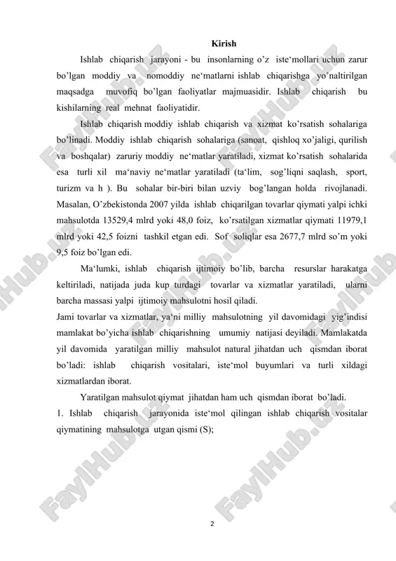 nadi. ishlab chiqarish mehnatga yaroqli bo’lgan ish kuchi bilan ishlab chiqarish vositalarini ko’tilishi va uni harakatga keltirilishi tufayli moddiy ne‘matlar hosil qilishdir. resurs - bu ishlab chiqarish va xizmat ko’rsatishga ishlatiladigan hamda qo’llaniladigan moddiy-ashyoviy bo’lib, tabiiy, moddiy, iqtisodiy, moliyaviy va hokazo kabi vositalardan tashkil topadi. inson faoliyati moddiy va nomoddiy ne‘matlar yaratishga qaratilar ekan, avvalo ishlab chiqarishni tashkil etmoq kerak. ishlab chiqarishni tashkil etish resurslarni talab qiladi. ular quyidagilardan iboratdir: 1. ishchi kuchi; 2. mehnat qurollari; 3. mehnat vositalari. ishchi kuchi - mehnatga qobiliyati bo’lgan har bir insonning ma‘lum maqsadlar yo’lidagi aqliy va jismoniy faoliyatining yig’indisidir. mehnat qurollari - bu inson mehnati yordamida mehnat predmetlariga ta‘sir qiladigan mexanizmlar (dastaklar)ga aytiladi. masalan: stanoklar, traktorlar, uskunalar, mashinalar, qurilmalar va hakozolar. mehnat predmetlari - mehnat ta‘siri natijasida tovar mahsuloti tayyorlanadigan barcha xom ashyolar massasidir. masalan, sanoatda ishlatiladigan xom ashyolar, qishloq xo’jaligidagi ishlab chiqarishda ishlatiladigan - urug’liklar, mineral o’g’itlar, yoqilg’ilar, materiallar, yer, suv shular …