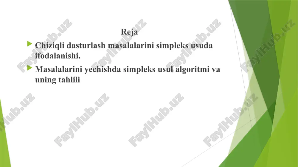 ular faqat bitta submatrixni olish va soddalashtirish usulidan foydalanib muammoni hal qilish jarayonini boshlash uchun kiritilgan. muammoni eng maqbul echishda barcha sun'iy o'zgaruvchilar (ip) nolga teng bo'lishi kerak. buning uchun sun'iy o'zgaruvchilar muammoni maksimal darajada hal qilganda katta salbiy koeffitsientlar (-m) bilan, va muammolar minutda echilganda katta musbat koeffitsientlar bilan (+ m) muammoning ob'ektiv funktsiyasiga kiritiladi. bunday holda, hatto sun'iy o'zgaruvchining ozgina nol qiymati ham ob'ektiv funktsiyaning qiymatini keskin kamaytiradi (oshiradi). odatda, m asosiy parametrlarga nisbatan koeffitsientlarning qiymatlaridan 1000 baravar katta bo'lishi kerak. ikkinchi bosqich. dastlabki soddalashtirilgan jadval qurilgan va ba'zi bir boshlang'ich asosiy echim topilgan. birlamchi submatrixni tashkil etuvchi o'zgaruvchilar to'plami dastlabki asosiy echim sifatida olinadi. ushbu o'zgaruvchilarning qiymatlari bepul atamalarga tengdir. boshqa barcha bazaviy o'zgaruvchilar nolga teng. uchinchi bosqich. asosiy yechim ob'ektiv funktsiya koeffitsientlarining maxsus baholaridan foydalangan holda maqbulligi tekshiriladi. agar ob'ektiv funktsiyaning koeffitsientlarining barcha baholari salbiy bo'lsa yoki nolga teng bo'lsa, unda mavjud bo'lgan asosiy yechim maqbuldir. …