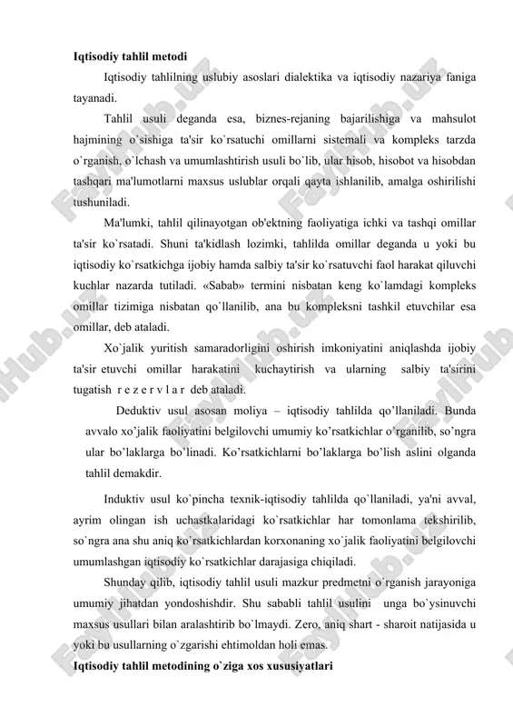 aroit natijasida u yoki bu usullarning o`zgarishi ehtimoldan holi emas. iqtisodiy tahlil metodining o`ziga xos xususiyatlari iqtisodiy tahlil usulining eng muhim xususiyatlari quyidagilardan iborat: 1) xo`jalik faoliyatiga ta'sir qiluvchi texnika, texnologiya, ishlab chiqarishni tashkil qilish va barcha omillarni tekshirishni muntazam va kompleks tarzda o`tkazishga yondoshish, tahlil usulining eng muhim xususiyatlaridan biri bo`lib hisoblanadi. bu o`rinda muntazam tahlilni kompleks tahlil bilan almashtirish aslo mumkin emas. ob'ektni ierarxik usul (bo`ysunish tartibi) orqali boshqarish, masalan, sex korxonaning, korxona birlashmaning, birlashma tarmoqning bir qismi va hokazo sifatida o`rganish sistemali tahlilga misol bo`ladi. darvoqe aytgandek, iqtisodiy tahlil va xo`jalik faoliyatini tahlil qilish bir gap emas. xo`jalik faoliyatini tahlil qilish iqtisodiy tahlilning bir bo`lagi hisoblanadi. iqtisodiy tahlil boshqarishning uchala darajasi bilan bog`liq (xalq xo`jaligi, tarmoq, korxona) xo`jalik faoliyatini tahlil qilish esa faqat uchinchi darajadagi boshqarish bilan bog`liq. xo`jalikning rivojlanishiga ta'sir etuvchi omillarni o` l ch a sh orqali biznes-rejaning bajarilishi, xo`jalik boshqarishning samaradorligi hamda korxona faoliyatidagi …