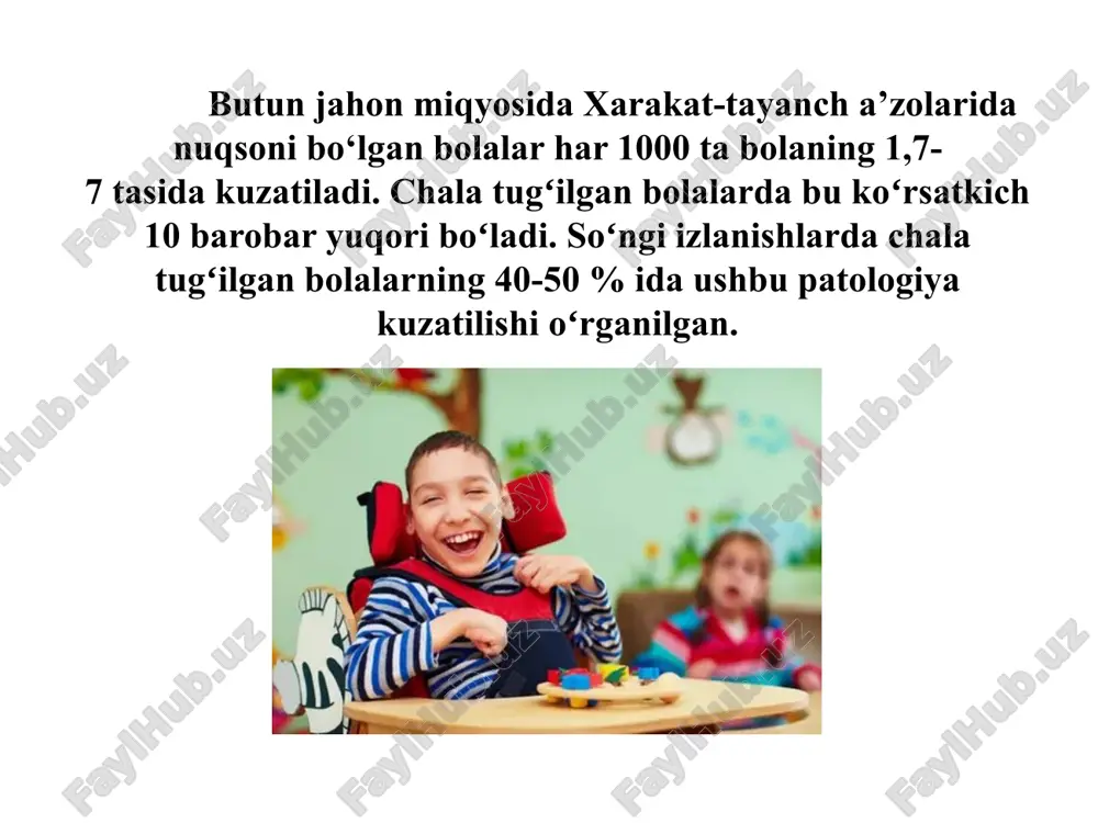 ojlanishning dastlabki bosqichlarida (prenatal davrda, tug'ish paytida va hayotning birinchi yilida) miyaning kam rivojlanganligi yoki shikastlanishi natijasida paydo bo'ladi. miya falajli bolalarda harakatning buzilishi ko'pincha aqliy va nutq buzilishlari, boshqa analizatorlarning (ko'rish, eshitish) disfunktsiyasi bilan birga keladi. полиомиелит от от греч. poliós — серый и myelós — спинной мозг острое инфекционное заболевание, обусловленное поражением серого вещества спинного мозга и характеризующееся преимущественно патологией нервной системы. возбудитель п. относится к энтеровирусам (кишечным вирусам) и существует в виде 3 независимых типов (i, ii и iii). источник инфекции — человек (больной или переносящий заражение бессимптомно); возбудитель выделяется через рот (несколько суток), а затем с испражнениями (несколько недель, а иногда и месяцев). заражение может произойти воздушно-капельным путём, но чаще — при попадании в рот (через загрязнённые руки, пищу) активного вируса. механическим переносчиком вируса могут быть мухи. polimolit kasalligi yoz-kuz oylarida ustunlik qiladi. 6 oydan 5 yoshgacha bo'lgan bolalar tez-tez kasal bo'lishadi inson tanasiga kirib, virus …