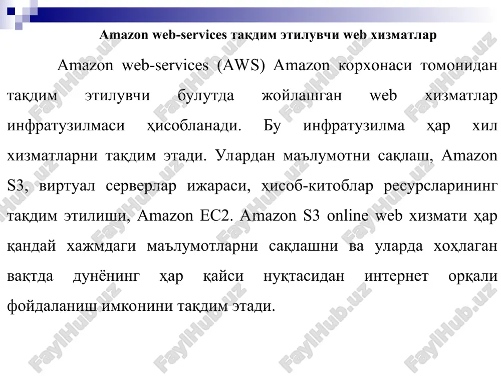 лиши мумкин. 6.2- расм. булутли ҳисоблашда асосий sааs провайдерлар платформа xизмат сифатида (paas, platform as a service) моделида, операцион тизимлар ва сўралган xизматлар уларни юклаб олмасдан ва ўрнатмасдан интернет орқали етказиб берилади. дастурчилар учун платформалар ўз ичига операцион тизимлар, дастурлаш тиллари, дастурни синовчи муҳитлар, маълумотлар базаси ва веб серверларни олиши мумкин. 6.3-расм. булутли ҳисоблашдаги асоси pааs провайдерлар инфраструктура xизматида (iaas) операцияларни қўллаб-қувватлаш учун ишлатиладиган ускуналарни, жумладан, сақлаш, аппарат, серверлар ва тармоқ компонентларини ўз ичига олади. paas xизмат моделига ўxшаб, барча элементларнинг конфигурацияси провайдер зиммасида бўлади. 6.4-расм булутли ҳисоблашда асосий iааs провайдерлар ҳар бир хизмат кўрсатиш соҳасида хизмат кўрсатиш мезонлари бўлганидек булутли инфраструктурада хизмат кўрсатиш даражаси мезонлари мавжуд. булутли ҳисоблашлар бўйича мезонлар ва талаблар халқаро электралоқа иттифоқи (international telecommunication union itu-t) нинг y.3500 тавсияномаси асосида тартибга солинади. 6.2 расм. булут конфигурацияси маълумотларга ишлов бериш маркази ресурсларидан фойдаланишда аппарат ва дастурий таъминотларни аҳамияти ишлаш принспи иккита асосий методларга қаратилган: ip - пакетларни …
