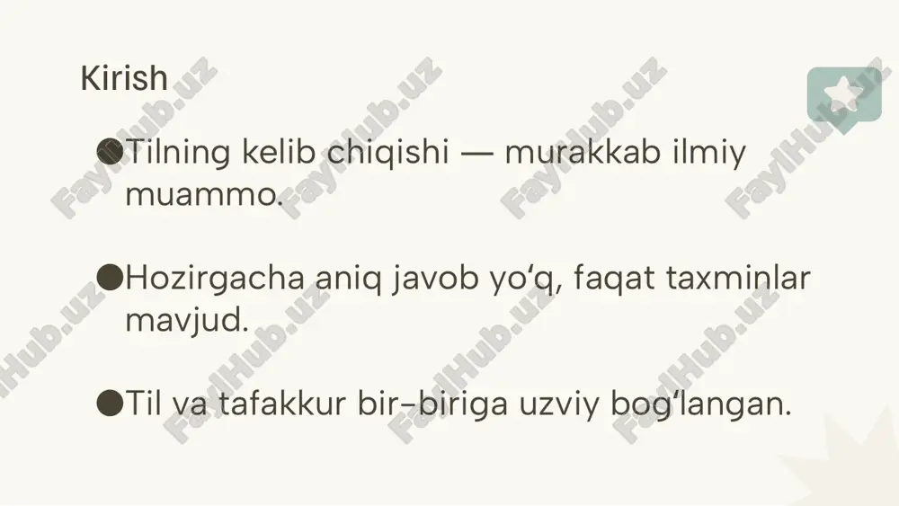 n), arxeologiya (tarixiy dalillar va madaniy yodgorliklar asosida odamning o`tmish tarixini o`rganuvchi fan) fanlarning natijasida kishilik tarixi ikki davrdan iborat degan fikrga kelingan. bular – tarixgacha bo`lgan davr va tarixiy davr. tarixgacha kishilarning ibtidoiy jamoa bo`lib yashashi ya’ni kishilik jamiyatining shakllanish, tiklanish, uyushish davridir. tilning paydo bo`lishi, bir tomondan, kishilik tanasining evolyutsiyasi bilan, ikkinchi tomondan, ibtidoiy jamoaning jamiyatga aylanishi bilan bog`liq bo`lgan. hozirgacha tilning paydo bo`lishi haqida turli nazariyalar yaratilgan har bir nazariyada bu masalaga turlicha yondashiladi til kelib chiqishi haqidagi asosiy farazlar tovushga taqlid (onomatopoeiya) tabiat tovushlarini taqlid qilish (masalan: "qarg‘a", "sharshara"). kamchilik: ko‘p narsalar tovush chiqarmaydi; tajribalar bu so‘zlarning kamligini ko‘rsatdi. undovlar farazi hayvonlar ovozlari orqali his-tuyg‘ularni ifodalash (masalan: "oh", "uh"). kamchilik: so‘zlar soni juda kam; tilning ijtimoiy vazifasini tushuntirmaydi. ovozga taqlid nazariyasi. bu nazariya qadimgi yunon olimlari demokrit va platonlar davrida paydo bo`lib, xx asrgacha yashab keldi. ovozga taqlid nazariyasi talqiniga ko`ra, yer yuzida paydo bo`lgan dastlabki …