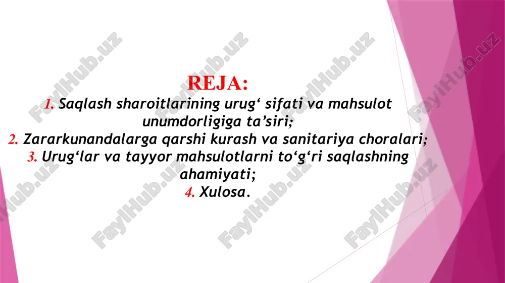 hi ahamiyatga ega. saqlash joylari doimiy ravishda quruq va toza bo‘lishi zarur. namlik darajasi nazorat qilinishi kerak, chunki yuqori namlik mahsulotning mog‘orlanishi va chirishiga olib keladi. shuningdek, harorat barqaror saqlanishi, haddan tashqari issiqlik yoki sovuq mahsulot sifatiga zarar yetkazmasligi lozim. saqlash omborlari chang, hasharotlar va kemiruvchilardan tozalangan bo‘lishi kerak. zararkunandalarga qarshi profilaktik choralar ko‘riladi, bu mahsulotning sifati va xavfsizligini ta’minlaydi. qadoqlash ham tayyor mahsulotni saqlashda muhim omil hisoblanadi. mahsulotni havo o‘tmaydigan, namlikka chidamli, mustahkam qadoqlarda saqlash uning uzoq muddat buzilmasdan qolishini kafolatlaydi. mahsulot saqlanadigan omborlarda muntazam sifat nazorati o‘tkazilishi lozim. bu nafaqat namlik, harorat, balki mahsulotning o‘ziga xos holatini ham o‘z ichiga oladi. agar mahsulotda sifat buzilishining dastlabki belgilarini aniqlansa, ularni tezkor ravishda ajratib olish va zarur choralar ko‘rish kerak. urug‘lar va boshqa tayyor mahsulotlarni saqlashda eng ko‘p uchraydigan muammolardan biri — bu namlikning oshishi va unga bog‘liq mog‘or va chirish jarayonlari yuzaga kelishi. shuning uchun omborlarda namlikni nazorat qilish …