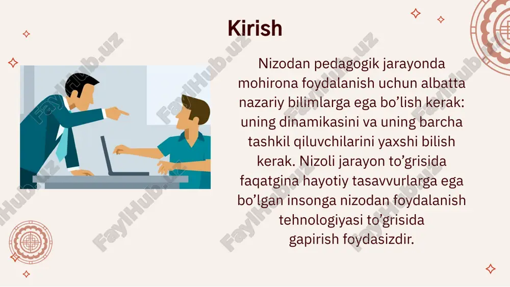 mumkin bo‘lgan turli konfliktli vaziyatlarda yoshlarni jamiyatda mustaqil va faol fukaro sifatidagi ishtiroki uchun zamin yaratish, boshqa insonlar bilan tabiiy bo‘lgan turli ijtimoiy, iqtisodiy, ma’naviy-ruhiy, psixologik muloqotlarda ular ongi, tafakkuri va axloqida kamtarlik, mehribonlik, halollik, to‘g‘riso‘zlik, samimiylik, vijdoniylik, o‘z so‘zida turish kabi hislatlarni tarbiyalash lozimdir. e’tiboringiz uchun tashakkur! image1.jpeg image2.jpeg image3.jpeg image4.jpeg