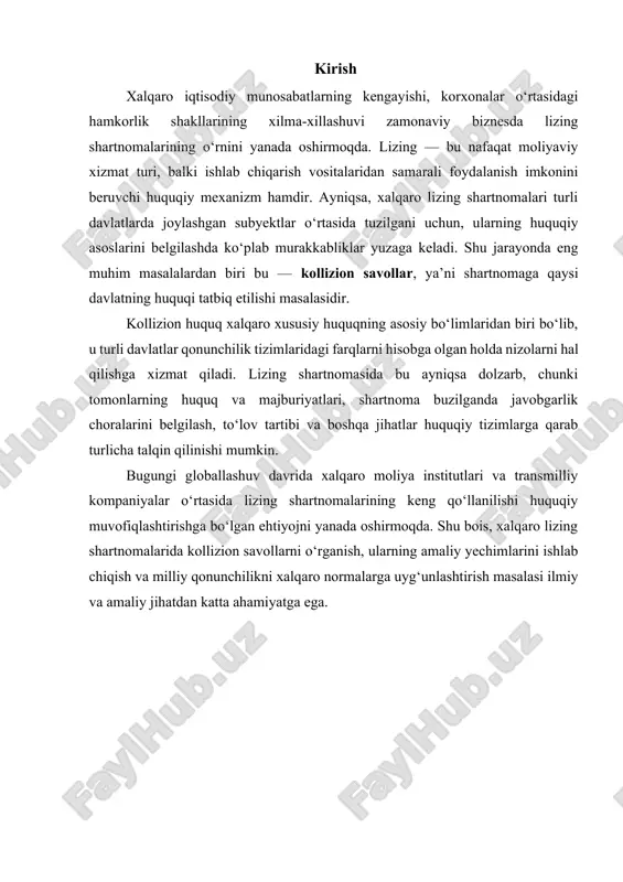 a zamonaviy iqtisodiyotda turli moliyaviy vositalar, jumladan, lizing keng qo‘llanila boshladi. lizing shartnomasi ishlab chiqarish vositalaridan samarali foydalanish imkoniyatini yaratish bilan birga, korxonalarning investitsion faolligini oshirishga, yangi texnologiyalarni joriy etishga va ishlab chiqarishni modernizatsiya qilishga xizmat qiladi. ayniqsa, xalqaro miqyosda tuziladigan lizing shartnomalari o‘zining murakkabligi, ishtirokchi tomonlarning xilma-xilligi va qo‘llaniladigan huquqiy normalar turlicha bo‘lgani uchun alohida ahamiyatga ega. xalqaro lizing shartnomasining tushunchasi “lizing” atamasi inglizcha “to lease” — ijaraga berish so‘zidan kelib chiqqan bo‘lib, moliyaviy xizmatning maxsus turi hisoblanadi. lizingning klassik shaklida bir tomon (lizing beruvchi) muayyan mulkni sotib olib, uni boshqa tomon (lizing oluvchi)ga uzoq muddatli foydalanish uchun beradi. lizing oluvchi ushbu mulkdan foydalanish huquqiga ega bo‘ladi va ma’lum davr mobaynida to‘lovlarni amalga oshiradi. davr oxirida mulk shartnoma shartlariga ko‘ra qaytarilishi yoki lizing oluvchining mulkiga o‘tishi mumkin. xalqaro lizing shartnomasi esa, turli davlatlarda joylashgan ishtirokchilar o‘rtasida tuzilgan lizing kelishuvini bildiradi. masalan, germaniyada joylashgan lizing kompaniyasi o‘zbekistondagi korxonaga zamonaviy texnologik …