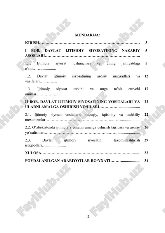 a milliy qadriyatlaridan kelib chiqadi. bugungi kunda o‘zbekiston mustaqil taraqqiyot yo‘lida aholining manfaatlarini himoya qilish, ta’lim, sog‘liqni saqlash, bandlik, ijtimoiy himoya tizimlarini yanada rivojlantirishni ustuvor vazifa sifatida belgilagan. shu bois davlatning ijtimoiy siyosatini chuqur o‘rganish, uning maqsad va vositalarini tahlil qilish ilmiy-amaliy ahamiyat kasb etadi. bugungi globallashuv davrida davlatning ijtimoiy siyosati har bir mamlakat taraqqiyotida eng muhim omillardan biri sifatida qaralmoqda. chunki jamiyatning barqarorligi, iqtisodiy o‘sish sur’atlari va insonlarning turmush darajasi bevosita davlat tomonidan olib borilayotgan ijtimoiy siyosatning to‘g‘ri yo‘lga qo‘yilganligiga bog‘liq. ijtimoiy siyosat nafaqat aholining hozirgi ehtiyojlarini qondirishga, balki kelajak avlodlar uchun munosib shart-sharoit yaratishga xizmat qiladi. kurs ishining dolzarbligi - mazkur kurs ishining dolzarbligi shundan iboratki, ijtimoiy siyosat davlatning iqtisodiy va siyosiy barqarorligini ta’minlashda, aholining hayot sifatini oshirishda, kambag‘allikni qisqartirishda va inson kapitalini rivojlantirishda hal qiluvchi omil sifatida namoyon bo‘ladi. mamlakatimizda amalga oshirilayotgan islohotlar ijtimoiy yo‘naltirilgan bo‘lib, “inson qadri uchun” tamoyiliga asoslangan yangi o‘zbekiston konsepsiyasi doirasida ijtimoiy siyosatning …