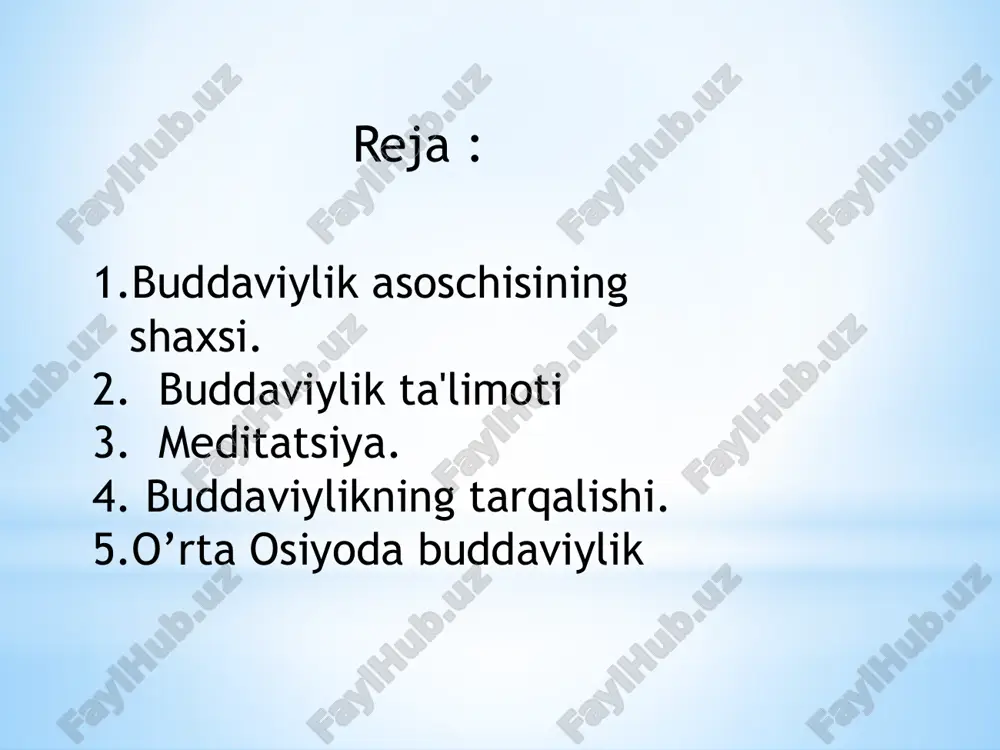sonalarda aytilishicha, budda ko‘p yillar davomida yer yuzidagi turli mavjudotlar qiyofasida qayta tug‘ilgan bular: birinchi haqiqat- «azob uqubat mavjuddir»  harbir tirik jon boshidan kechiradi, shuning uchun har qanday hayot- qiynoq, azobuqubatdir. ikkinchi haqiqat- «qiynoqlarning sabablari mavjuddir»  insonmoddiy narsalar yoki ma'naviy qadriyatlardan foydalanib, ularni haqiqiy va doimiy deb hisoblaydi va doimo ularga ega bo‘lishga intiladi. uchinchi haqiqat- «qiynoqlarni tugatish mumkin»  yaxshi yoki yomon niyatlar, intilishlardan butunlay uzilish nirvana (ruhning oliy maqomga erishishi) holatiga to‘g‘ri keladi. to‘rtinchi haqiqat- « qiynoqlardan qutilish yo‘li mavjuddir»  bu yo‘l- «sakkizta narsaga amal qilish, to‘g‘ri tushunish, to‘g‘ri harakat qilish, to‘g‘ri muomalada bo‘lish, fikrni to‘g‘ri jamlash» (meditatsiya). buddizm ta'limoti asosan uch qismdan iborat: meditatsiya ahloq donolik buddizm ta'limoti asosan uch qismdan iborat: meditatsiya ahloq donolik to‘g‘ri tushunish; to‘g‘ri niyat qilish; to‘g‘ri o‘zini tutish; to‘g‘ri anglash; to‘g‘ri harakat qilish; to‘g‘ri muomalada bo‘lish; to‘g‘ri fikr yuritish; to‘g‘ri gapirish. meditatsiya ahloq normalari- budda "pancha shila“ nasihati: qotillikdan …