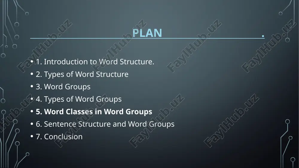 day. dependent clause: a clause that cannot stand alone as a sentence. example: because she runs every day. c. sentence a sentence is the largest unit of meaning and contains at least one independent clause. example: she runs every day because she loves it. 5. word classes in word groups. nouns (n): a person, place, thing, or idea. example: dog, book, happiness. verbs (v): a word that expresses action or being. example: run, speak, is. adjectives (adj): words that describe or modify nouns. example: happy, tall, blue. adverbs (adv): words that describe or modify verbs, adjectives, or other adverbs. example: quickly, very, extremely. pronouns (pron): words that replace nouns. example: he, she, it, they. prepositions (prep): words that show relationships between nouns or pronouns and other words in a sentence. example: on, in, at, by. 6. sentence structure and word groups. simple sentence: one independent clause. example: i study english. …