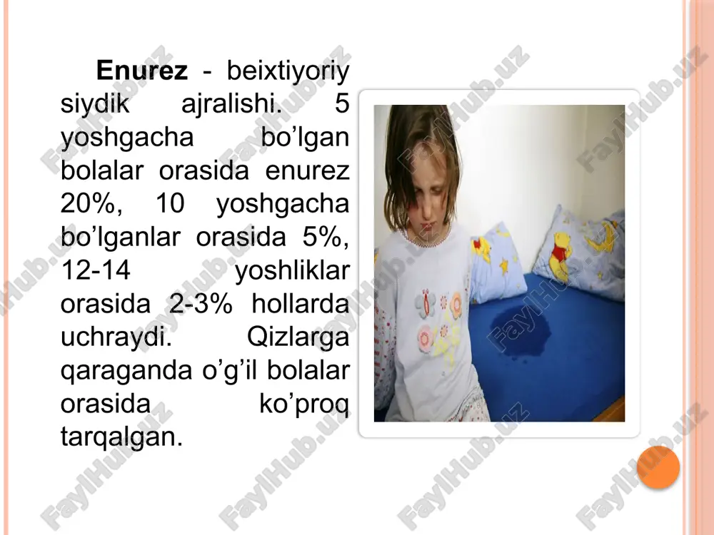 lamchi enurez tashxisi qo’yiladi. "shosqilinch tutaolmaslik" siydik qopini boshatishga katta extiyoj bo’lganda stress holatida tutaolmaslik siydik xaydovchi mushak hisharmasligi fonida qorin bo’shlihidagi bosimning ortishi siydik qopi to’lganda tutaolmaslik. siydik qopi tolganda peshob kam-kam miqdorda ajraladi reflektor odatdagi siydik pufagini boshatishga bo’lgan extiyojning yo’qligida anomal reflektor aktivlikning paydo bo’lishi haqiqiy yoki to’tal siydik qopida bir oz siydik paydo bo’lishiga bilan uni boshatishga extiyoj paydo bo’lishiga ekstrauretral siydik chiharish kanalining anomal joylashuvi orqali siydik ajralishi siydik tutaolmaslikning asosiy turlari: davosi: nomedikamentoz (uyquga ketishdan oldin suv miqdorini kamaytirish, uyquga ketgandan so’ng 2-3 soatdan keyin uyg`otish va siydik qopini bo`shatish. medikamentoz: -amitriptillin (7 yoshdan katta bolalarga 12,5 - 25 mg dan kuniga 1-3 marta) -imipramin (1-7 yoshgacha bolalarga 0,01 g/kuniga boshlab 0,02 g gacha va 8-14 yoshli bolalarga 0,03 - 0,05 g/kuniga) -nevrologik buzilishlarning korreksiyasi. siydikni tutib turaolmaslik - siyishga extiyoj paydo bo’lganda uni tutib turaolmaslik siydikni tutolmaslik - siyishga extiyoj bo’lmaganda siydik ajralishi. …