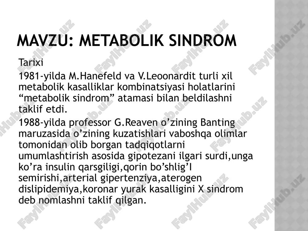 ezistentlik va giperinsulinemiya dislipidemiya arterial gipertenziya glyukozaga tolerantlikning buzilishi erta ateroskleroz, yuik gemostaz buzilishi giperurikemiya va podagra mikroalbuminuriya giperandrogeniya metabolik sindrom kriteriylari(idf 2005) bel aylanasi: erkaklarda≥94sm,ayollarda≥80sm quyidagilardan istalgan ikkitasi kuzatilishi: -triglitseridlar≥1,7mmol/l -zyulp: erkaklarda 140/90 darajasining oshishi 1.7 mmol.l darajasining pasayishi erkaklarda 1.0mmol.l; ayollarda 1.2 mmol.l darajasining oshishi 3.0 mmol.l ochlik giperglikemiyasi>6.1 mmol.l glyukoza tolerantlikning buzilishi 7.8-11.1 mmol.l differensial diagnostikasi ms va itsenko kushing kasalligi bilan og’rigan bemorlarning tashqi ko’rinishida deyarli farq bo’lmasligi ham mn. bunda dif.diagnostika o’tkazish uchun qo’shimcha tadqiqot o’tkaizsh kerak bo’ladi. buyrak usti bezining kt si ularning asosiy patolofiyasini aniqlash yoki istesno qilish imkonini beradi. gipofiz bezining kt yoki mrt si uning funksional va strukturaviy holatini baholashga yordam beradi va mikro yoki makroadenomalar mavjudligini yoki yo’qliginianiqlashga yordam beradi. davolash 1- navbatda ortiqcha vazndan xalos bo’lish: motor faolligini oshirish,oziq ovqatning kaloriya miqdorini kamaytirish,istemol qilinadigan oziq ovqat atrkibini ratsionlashtirish turmush tarzini o’zgartirish semizlik,uglevod almashinuvining buzilishi,dislipidemiya,arterial gipertenziyani davolash dietani vitamin,mikroelementlar bilan …