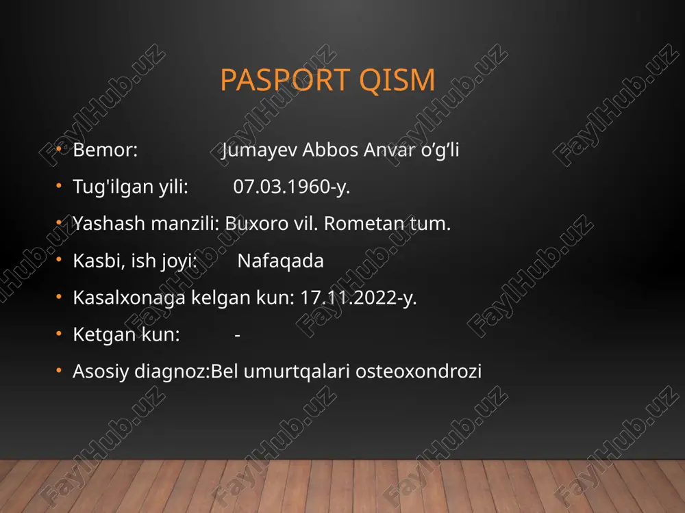 toza va nam, ko'rinadigan shilliq qavatlari och pushti rangda toza, periferik limfa tugunlari kattalashmagan. suyak-bo'g'im sistemasi deformatsiyasiz. gavdasi normostenik. o'pkasida vezikulyar nafas, nos-17ta/min. yurak tonlari bo'g'iq, puls-77ta/min, ritmik a/b- 120/90mm.sim.ust. qorni yumshoq, og'riqsiz, jigar va taloq paypaslanmaydi. ich kelishi va diurez regulyar. nafas olish sistemasi nafas olish burni orqali ravon, nafas harakatlari ko'krak tipida, ko'krak qafasi simmetrik, silindrik. gavdasi normostenik. ko'krak qafasi palpatsiyada ovoz dirillashi va ko'krak qafasi rigidligi normada, perkussiyada aniq o'pka tovushi, o'pka chegaralari normada auskultatsiyada vezikulyar nafas nafas olish soni-17 ta/min. o'pka chegaralari o'ng chap lin. clavicularis 6 - lin. axillaris anterior 7 7 lin. axillaris media 8 8 lin. axillaris posterior 9 9 lin. scapularis 10 10 lin. paravertebralis 11 11 yurak-qon tomir sistemasi shikoyati yo'q. yurak chegaralari normada, yuqori chegarasi chapdan to'sh qirrasi bo'ylab 3qovurg'aga, chap lin. clavicularis sinistradan 1sm tashqarida, o'ng chegarasi to'sh qirrasidan 1sm ichkarida. perkussiyada yurak maydoni sohasida absolyut bo'g'iq tovush. auskultatsiyada …