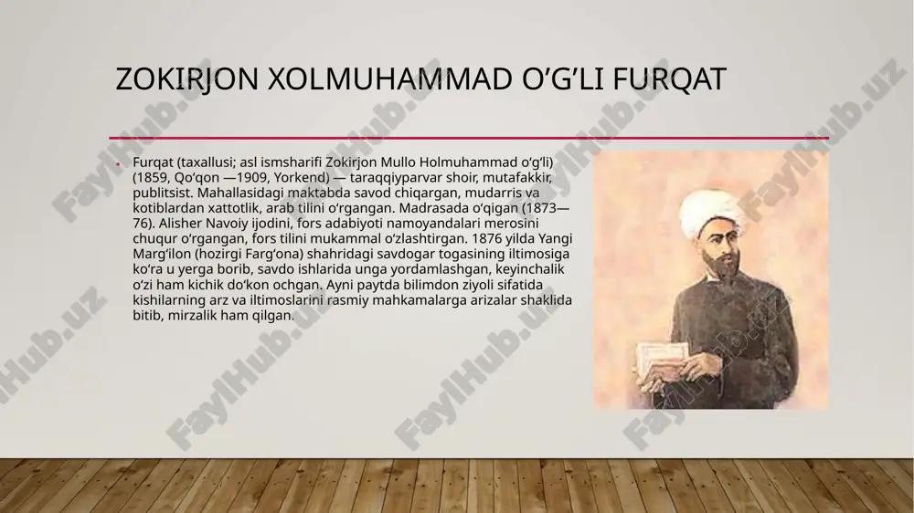 iyosiy huquqsizligi va iqtisodiy nochor ahvolidan qaygʻirgan ("ne jurm oʻttiki bizdin, bunchalik fargʻona tang boʻldi?...")qoʻqon xonligining uzilkesil tugatilib, batamom mustamlakaga aylantirilishi voqeasiga bogʻliq holda yaratilgan: "demish xon bir kunikim, davru davronlar qayon qoldi?" misrasi bilan boshlanuvchi muxammasi ham f.ning shu davrdagi ijodi mahsulidir. toju taxtdan, shaʼnu shavkat va aʼyonlardan maxrum boʻlgan xudoyorxon nomidan bitilgan bu asar ham shoir ijodida zamonaviy ijtimoiy mavzu keng oʻrin egallaganinint isbotidir. furqatning ijodiy merosida anʼanaviy sheʼriy turlar, oʻzbek mumtoz adabiyotidagi asosiy mavzular yetakchi urin egallaydi. uning gʻazal va muxammaslari, bogʻlagan taxmislari uzining hayotiyligi, musiqiyligi, nihoyatda samimiyligi bilan oʻquvchini maftun etadi. f. sheʼrlarida onayurt tabiati va bahor goʻzalligi, joʻshqin sevgi-muhabbat va chin insoniy fazilatlar, hayot shodliklaridan quvonish va turmush tashvishlaridan shikoyat qilish, umuman, odam va olam, kishilarning maʼnaviy dunyosi, mehri va qahri yaqqol tasvirlangan. mac, "bahor ayyomida gulgasht etarga bir chaman boʻlsa", "umr xush oʻtmas bahor ayyomi sahro boʻlmasa", "surmadin koʻzlar qaro, qoʻllar xinodin lolarang", "jannatning …