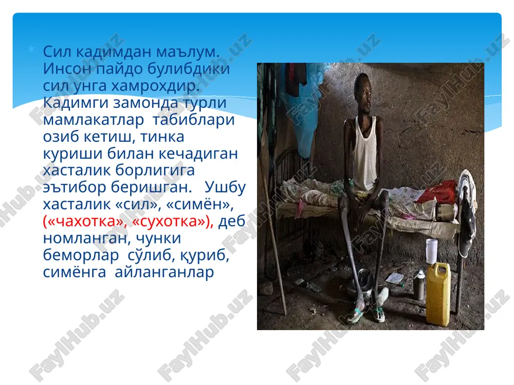 xisoblagan. galen neapol shaxri yaqinida qishloqda sil bemorlari uchun bir necha uy sotib olib beradi. abu ali ibn sino «sil «iflos» xavo orkali yuqadi» deb tushungan. ibn sino ko'krak qafasi a'zolari anatomiyasini batafsil tasvirini keltiradi. abu ali ibn sino silda “o'pkada yaralar xosil bo'ladi” deb xisoblagan, chunki u sildan vafot etgan bemor o'pkasida murdalarni yorib ko'rib o'rganganda ushbu kavak –yaralarni ko'rgan. olim tomonidlan ta'rif berilgan ushbu yaralar xozirgi zamon nuqtai nazaridan fibroz –kavakli silga mos keladi. 2. xvi-xvii asrlar g'arbiy evropada geografik kashfiyotlar, fan, texnika tarraqiyoti davri xisoblanadi. meditsina fanining rivojlanishida patologoanatomik faning rivojlanishi katta ta'sir ko'rsatdi. entoni van levenguk (1632-1723) djirolamo frakastoro (1478-1553) «infektsiya» terminini qo'llagan richard morton “ftiziologiya” terminini taklif qildi. benjamin marten (1704-1782) ” sil xakida yangi nazariya”asarini yozadi rene laennek (17fevral 1781 — 13 avgust1826) sil xakidagi ta'limotning rivojlanishida imperator napoleoning leyb mediki, frantsuz vrachi laennec (laennek) katta xissa kushgan. stetoskop 1816 yilda u tomonidan kashf …