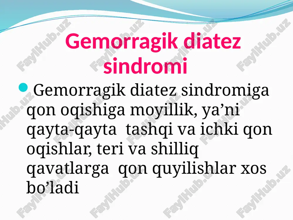ezga,gematoma nervni ezsa mahalliy paralich va parezlar,bo’g’imlarga qon quyilsa gemartrozlar kuzatiladi taloq, jigar, limfa tugunlari kattalashmaydi,suyaklar og’rimaydi. qonda trombotsitlar soni 50*10^9/l dan kamayib ketadi. tashxisi kasallikni aniqlash uchun quyidagi tekshirishlar olib boriladi: qonda trombotsitlar miqdorini aniqlash. kapillyarlar o'tkazuvchanligi oshganligini tekshirish (konchalovskiy-rumpel-leede sinamasi, chilvir boylash yoki chimchilash sinamasi). koagulogramma qilish. a) qon oqish davomiyligini tekshirish. b) qon ivish vaqtini aniqlash. v) qon lahtasining retraktsiyasini aniqlash. g) fibrinogen miqdorini aniqlash. d) protrombin indeksini aniqlash. qon tarkibini teksirish jarayoni davolash prinsplari kasallikning immunologik turida glyukokortikosteroidlar, immun bo’lmagan turida splenektomiya qo’llaniladi. immunodepressantlar bilan davolash,qon ketish paytlarida eritrotsitar va trombotsitar massa qo’yish,qon tomirlar devori o’kazuvchanligini pasaytiruvchi,qon ketishini to’xtatuvchi preparatlar va boshqa patogenetik usullar tavsiya etiladi. verl’gof kasalligada bolani davolash jarayoni e’tiboringiz uchun rahmat! image2.jpeg image3.png image4.png image5.jpeg image6.jpeg /docprops/thumbnail.jpeg