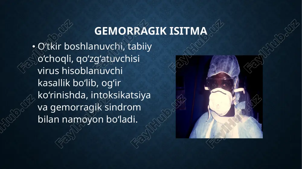 r xil kasallanadi. odamlarda kasallik h. anatolicum kanasi chaqishi natijasida rivojlanadi, kana gemorragik isitma virusini asosiy tashib yuruvchisi va kasallikning asosiy tabiiy manbai bo‘lib hisoblanadi. bundan tashqari virus tashuvchisi bo‘lib h. detricum kanalari va kamdan-kam hollarda rhipicephalus turani moskitlari bo‘lishi mumkin. o‘zbekistonda bu isitmaning asosiy virus manbai bo‘lib h. anatolicum kanalari, yirik shoxli hayvonlar va otlar hisoblanadi, odamga yuqishining asosiy yo‘li – transmissiv. patogenez yaxshi o‘rganilmagan. organizmga virus kana chaqishi natijasida kiradi. lekin kana chaqqan joyida hech qanday xususiy o‘zgarish bo‘lmaydi. virus qon oqimiga tushadi, lekin u qayerda ko‘payadi – qondami yoki parenximatoz a’zolaridami – hali aniqlanmagan. shunday taxmin borki virus va uning toksik omillari birinchi navbatda markaziy va periferik asab tizimini zararlaydi, tomir devori va uning nerv appartiga bevosita ta’sir ko‘rsatadi, natijada kapilyarotoksik tipidagi o‘zgarishlar rivojlanadi. kasallik klinikasida bu, gemorragik belgilar bilan namoyon bo‘ladi. patologik anatomiyasi patogenezining asosida mayda qon-tomirlar devorining birlamchi zararlanishi yotadi, ular kasallikning birinchi kunlaridan qo‘zg‘atuvchi …