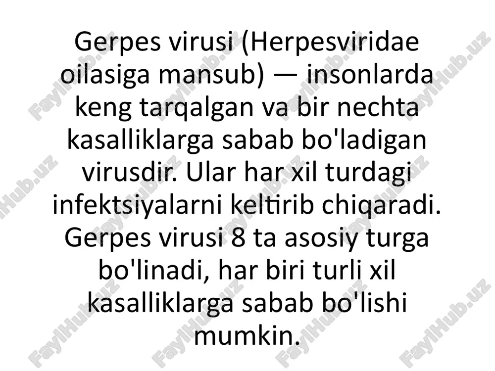 itet tizimining kamayishi yoki stress holatida faollashadi. immunitet pastlashganda virus yana faollashib, yangi infektsiyalarni keltirib chiqarishi mumkin. klinikasi (belgilar) hsv-1: labial gerpes (lablar va og'iz atrofidagi yara), og'riqli pufakchalar va yaralar. hsv-2: genital hududda og'riqli yara va pufakchalar. vzv (suvchechak): suvchechak. ebv: o'tkir mononukleoz (bosh og'rig'i, isitma, tomoq og'rig'i, shishgan bo'yin limfaylang). cmv: aslida ko'plab insonlarda simptomlar ko'rinmasligi mumkin, ammo immuniteti past bo'lganlarda og'ir kasalliklar keltirib chiqaradi. hhv-6: bolalarda roseola (katta harorat va terida qizil dog'lar). kshv: kaposi sarcoma va boshqa kasalliklar. klin. formi prostogo gerpesa. abortivnaya forma. s malim kolichestvom elementov. otechnaya forma, s giperemiey zosteriformnaya- polosovidnie visipaniya lokalizuyutsya na bokovix uchastkax tela i na yagoditse. yazvenno-erozivnaya forma retsidiviruyushaya forma- lokalizatsiya sipi vstrechaetsya v promejnosti i na gubax. po klin. techeniyu gerpes delyatsya na pervichniy i vtorichniy. pervichniy gerpes vstrechaetsya chashe u detey, tak kak net protivovirusnogo immuniteta. v osnovnom protekaet tipichnoy formi. vtorichniy gerpes voznikaet povtorno, posle perenesennoy …