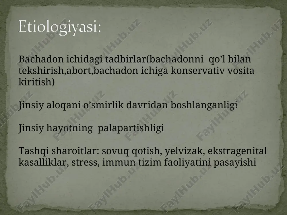 allig’lanish jarayonining rivojlanishiga olib keladi. organizmning qarshilik kuchini pasaytiruvchi faktorlariga psixik va fizik toliqish, sovuq qotish, gripp va boshqalar ham kiradi. nospesefik yallig’lanish strepto va stafilokokklar, ichak tayoqchasi, protey va boshqa mikroorganizmlar tomonidan chaqiriladi. surunkali jarayonlarda yallig’lanish o’choqlarida ko’p xollarda enterokokk va ichak tayoqchasi aniqlaniladi. infeksiyaning tarqalishi gematogen va limfogen yo’llari orqali sodir bo’ladi. yallig’lanish o’chog’ining lokalizasiyasiga qarab vul’vit, servisit, endometrit, sal’pingoofarit farqlanadi. vulvovaginit ko'pincha qiz bolalarda, kamroq hollarda ayollarda uch-raydi. qiz bolalarda vulvovaginit umumiy kasalliklar, o'tkir yuqumli kasalliklar (qizamiq, skarlatina, difteriya) endokrin buzilishlar, gi-povitaminoz, burun-halqumning surunkali kasalliklari, uzoq vaqt anti-biotiklar qo'llash oqibatida kelib chiqadi. 1. bakterial. 2. mikotik. 3. trixomonadali. 4. virusli bo'lishi mumkin. bakterial vulvovaginit ko'pincha surunkali tonzillit, gripp, yuqumli kasalliklar bilan og'rigan 3-8 yoshli qizchalarda kuzatiladi. tashqi jin-siy a'zolar ko'zdan kechirilganda biroz qizargan ajralma ko'p miqdorda, oq-sariq bo'ladi. siydikning birinchi portsiyasi olib tekshiriladi, bunda leykotsituriya aniqlanadi. tashqi jinsiy a'zolarning qattiq qichishi va oq ipir-ipir ajralma bo'lishi mikotik …