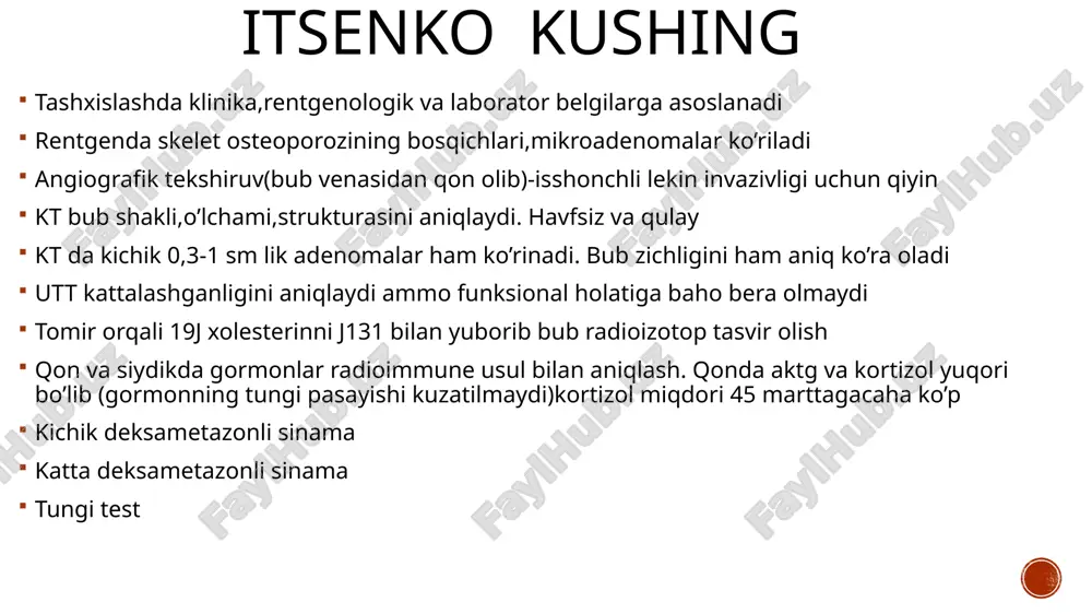 lumotni io’o-1 (somatomedin-s) beradi. kattalarda uning ortishi faqat akromegaliyada bo’ladi. uning normada ekani kasallikni inkor etadi. makro-mikroadenoma gipofiz nanizm antropometriya- uning natijalari persentil jadval asosida baholanadi. rentgenografiya – kaft suyaklari, turk egarchasi(turgan oval,yuvenil) mrt somatotrop funksiyasini aniqlash ma jarayonlari buziladi trigilitseridlar , xolesterin , p.z.lipoproteidlar miqdori ortishi lipoliz pasayishi ( visseral semirish) oqsil sintezi buzilishi ( tana vazni kamayishi-skelet mushak kuchsizligi) yurak zarb hajmi pasayishi, miokardiodistrofiya kuchli terlash ,bosh og’rishi+ gipoglikemiya suyak rezorbsiyasi pasayib patologik sinishlar ortadi insulin va klonidinli sinamalar 7ng/ml > – total yetishmovchilik, 7-10ng/ml qisman yetishmovchilik protein-3 darajasini aniqlash ( laron sindromida) plazmadagi io’o-1 (somatomedin-s) darajasi eng ko’p malumot beradi qandsiz diabet peshob nisbiy zichligining pastligi 1,005 dan plazmaning giperosmolyarligi >290 mosm / l peshobning gipoosmolyarligi <300mosm / l gipernatriemiya 155 mmol / l kt mrt suvsizlantirish sinamasi suv qabul qilish 14 soat to’xtatiladi qandsiz diabetda xar soatda o’lchab boriladigan peshob osmolyarligi pastligicha qoladi ( <300 mosm …