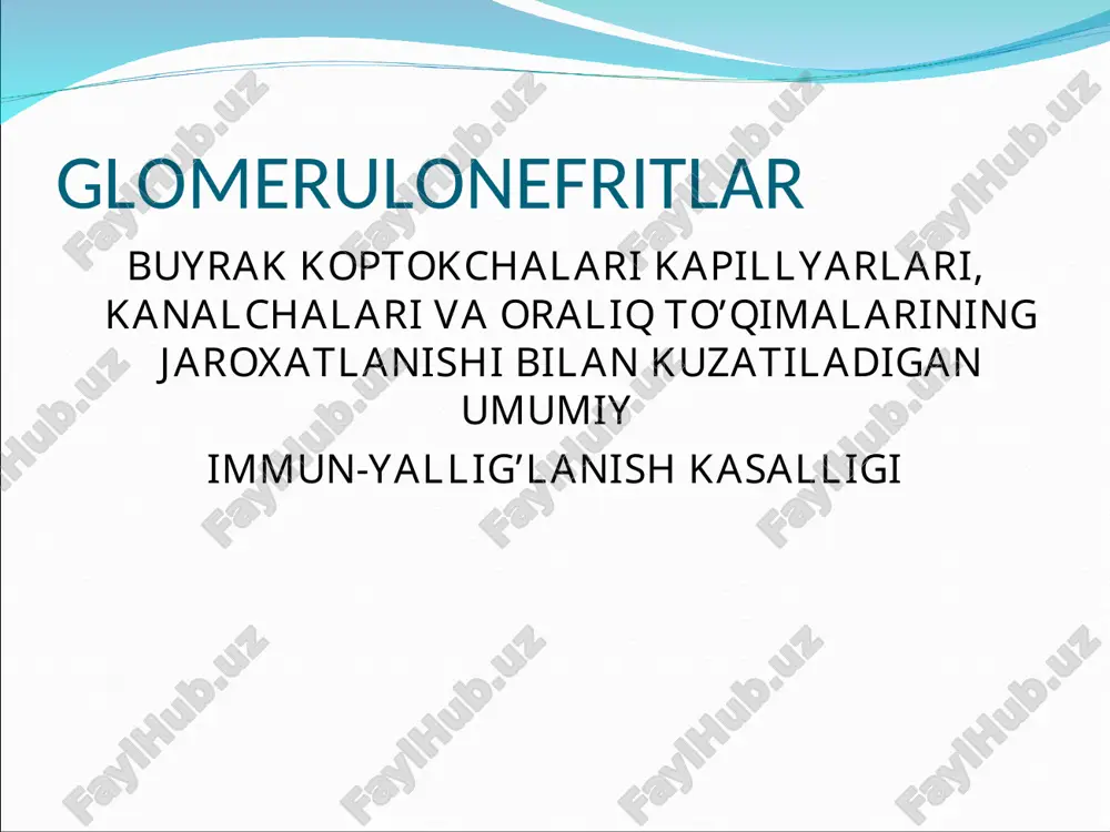 zgarishlar. yurak qon tomir sindromi: hansirash, qon tupurish, qon bosim ko’tarilishi, chap qorincha etishmovchiligi belgilari, ko’z tubidagi ozgarishlar. glomerulonefrit diagnostikasi tekshiruvlar davomida qonning umumiy va biokimyoviy analizi, siydik analizi, reberg, nechiporenko, zimnitskiy sinamalari o‘tkaziladi. bolalarda glomerulonefrit kasalligida diurezning kamayishi, koptokchalarda filtratsiya jarayoni tezligi pasayishi, proteinuriya, silindruriya, qonda leykotsitlar soni ortishi va echt oshishi, c3 va c5 komplement qismlari oshishi, mochevina, kreatinin miqdori yuqori bo‘lishi, giperazotemiya, qonda streptokokka qarshi antitelo titri yuqori bo‘lishi ham aniqlanadi. reberg testi siydik va qon zardobida kreatin kontsentratsiyasini aniqlashga yordam beradigan murakkab tadqiqot-sinovdir nechiporenko usuliga ko'ra siydikni o'rganish siydik tarkibidagi elementlarni miqdorini aniqlash uchun ishlatiladi: oq qon hujayralari, qizil qon tanachalari, silindrlar nechiporenko, zimnitskiy sinamalari o‘tkaziladi. siydik go’sht yuvindisi rangida bo’ladi buyrak utt (uzi) tekshiruvida – glomerulonefrit belgilariga buyrak o‘lchami biroz kattalashganligi va exogenligi oshganligini ko‘rish mumkin. asoratlari o’tkir buyrak yetishmovchiligi o’tkir yurak yetishmovchiligi eklampsiya bosh miyaga qon quyilishi ko’rishning buzilishi differensial diagnoz yurak yetishmovchiligi o’tkir …