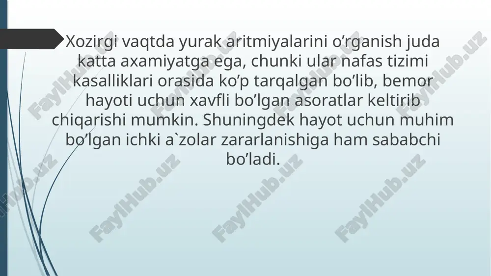 pastki kismlari va purkin`e tolalari esa 3 tartibdagi ritm xaydovchisi bulib xisoblanadi va 1 dakikada 20-40 tagacha impul`slar ishlab chikaradi. yurak kuzgalishlari meyorida sinus tugunidan chikkan impul`slar xisobiga yuzaga keladi. chunki sinus tuguni meyorida uzidan pastda joylashgan ritm xaydovchilarining avtomatizmini susaytirib turadi. maboda sinus tugunida zararlanish paydo bulganda ritm xaydovchisi funktsiyasini pastda joylashgan ii va iii tartibdagi avtomatizm markazlari olishi mumkin. aritmiyalar tasnifi i. avtomatizm funktsiyasi buzilishi bilan boglik aritmiyalar sinus taxikardiyasi sinus bradikardiyasi sinus aritmiyasi sinus tuguni kuvvatsizligi ii. kuzgaluvchanlik funktsiyasi buzilishi bilan boglik aritmiyalar ekstrasistoliya a). bulmachalar ekstrasistoliyasib). av birikma ekstrasistoliyasi v). korinchalar ekstrasistoliyasi paroksizmal taxikardiya a). bulmachalar paroksizmal taxikardiyasi b). av birikma paroksizmal taxikardiyasi v). korinchalar paroksizmal taxikardiyasi iii. kuzgaluvchanlik va utkazuvchanlik funktsiyasi buzilishi bilan boglik aritmiyalar titrok aritmiyasi a). bulmachalar titrashi b). korinchalar titrashi c) xilpillovchi aritmiya a). joylashgan joyiga kura). bulmachalar xilpillashi korinchalar xilpillashi b). yurak kiskarishlari soniga kura a). bradisistolik b). normosistolik v). taxisistolik …