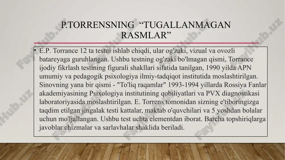 rakatning samaradorligi bilan aniqlanadi. p.torrensning “tugallanmagan rasmlar” respondentga shakli va hajmi oddiy tuxumga teng bo‘lgan rangli tuxumsimon shakl taklif etiladi; shaklning rangi ixtiyoriy tanlanadi; shakl rangining qanday bo‘lishi respondent tomonidan taklif qilinishi mumkin). misol uchun respondent ko‘k rangdagi ushbu shakl negizida turli tasviriy ko‘rinishlarni hosil qiladi va ularni nomlaydi: rasmlarni tugallash (respondent 10 ta tugallanmagan tayanch figuralar asosida ularni tugallab, yangi tasviriy ko‘rinish hosil qilishi va uni nomlashi kerak). respondent shtrixni ko‘rganda nimani tasavvur qilsa, uni tasvirlashi lozim. masalan, birinchi shtrix tugallangan holda ochiq kitob, yonma-yon turgan ikkita stakan, qo‘shaloq shar bo‘lishi mumkin. respondentning e’tiboriga quyidagi shtrixlardan iborat shakllar taqdim etiladi. scamper kreativ ta’lim metodi scamper technique - bu mahsulot yoki xizmatlarni ishlab chiqish yoki yaxshilash uchun qo'llaniladigan jamoaviy aqliy hujum usuli. scamper – almashtirish, birlashtirish, moslashtirish, o‘zgartirish/kattalashtirish, maqsadli qilish, yo‘q qilish/kichraytirish va qayta tartiblash/teskari so‘zlarning qisqartmasi. o'rinbosar: nimani almashtirish mumkin? (masalan, komponentlar, materiallar, odamlar) misol: agar siz bolalar o'yingohi …