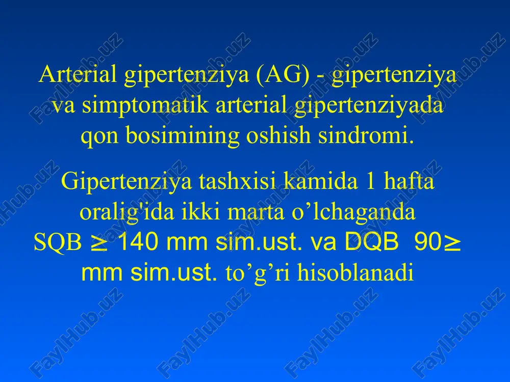 iya tasnifi daraja bo'yicha xavf omillari erkaklar 55 yoshdan, ayollar 65 yoshdan katta erta yqtkning oilaviy anamnezi (ayollarda 60 mm simob ustuni giperlipidemiya: xs > 5 mmol / l zplp xolesterin > 2 mmol / l zylp xolesterin 0,9 mm) yoki katta tomirlarning aterosklerotik zararlanishi buyrak - mikroalbuminuriya kuniga 30-300 mg, -kreatinin darajasining oshishi 115-133 mkmol/l (erkak) 107-124 mkmol/l (ayol) - kft<60 ml / min ko’z tubi – to’r parda arteriolalarining o’choqli yoki diffuz torayishi assotsialashgan klinik holatlar serebrovaskulyar kasalliklar: insult, tranzitor ishemik atakalar. yurak kasalligi: miokard infarkti, stenokardiya, surunkali yurak etishmovchiligi. buyrak kasalliklari: mikroalbuminuriya, proteinuriya, nefropatiya (diabetik), buyrak etishmovchiligi qon tomir kasalliklari: angiopatiyalar, qavatlanuvchi aorta anevrizmasini, periferik arterial oklyuzion ksalliklari. retinopatiya iii-iv bosqich: qon quyilishi yoki ekssudatlar, ko’ruv nervi diskining shishi yuqori normal ag men daraja ag ii daraja ag iii daraja yo'q ahamiyatsiz past o'rtacha yuqori 1-2 xo past o'rtacha o'rtacha juda yuqori ≥3 xo + naz yuqori …