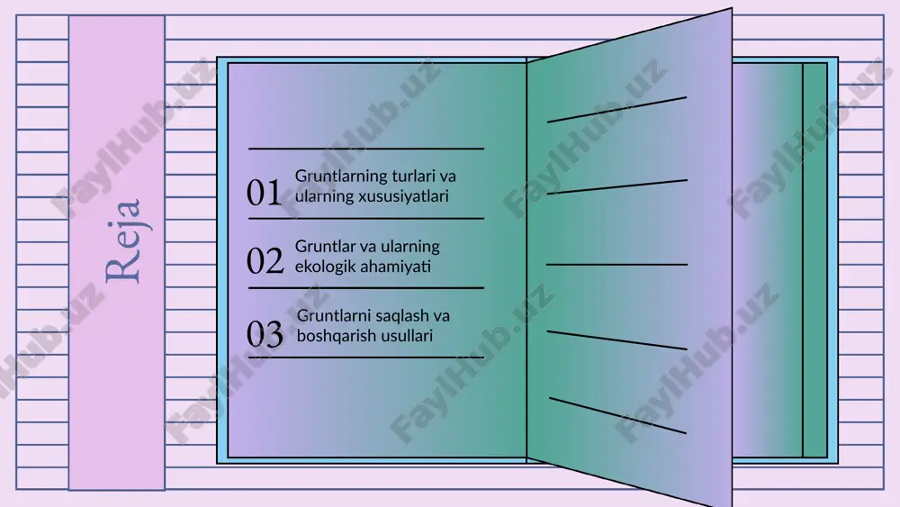bu tuproqlarning o'simliklar uchun zaruriy ozuqa moddalariga boyligini ko'rsatadi. gruntlarning fizik xususiyatlari zichlik, namlik va tuzilishni o'z ichiga oladi. zichlik, gruntning turiga qarab 1.2 g/cm³ dan 1.8 g/cm³ gacha bo'lishi mumkin, namlik darajasi esa tuproqning suvni tutish qobiliyatini belgilaydi. masalan, qumli grunt zichligi odatda 1.5 g/cm³ atrofida, namlik darajasi esa 10% dan 20% gacha o'zgarishi mumkin. loyli gruntlarda zichlik 1.3 g/cm³ dan yuqori, namlik esa 25% gacha yetishi mumkin. photo by ashkan forouzani on unsplash 01 03 02 04 gruntlar va ularning foydalanish sohalari gruntlar qishloq xo'jaligi va qurilish sohalarida muhim rol o'ynaydi. - **qishloq xo'jaligi**: turli xil gruntlar o'simliklar uchun mos keladi. masalan, qumloq gruntlar pomidor va sabzi kabi o'simliklar uchun ideal, chunki ular yaxshi drenajni ta'minlaydi. loyqa gruntlar esa, sholg'om va kartoshka kabi rootsiz o'simliklar uchun foydalidir. - **qurilish**: gruntlar binolarni mustahkamlashda va infratuzilma yaratishda muhim ahamiyatga ega. misol sifatida, toshkentda amalga oshirilgan yangi ko'p qavatli binoni ko'rib …