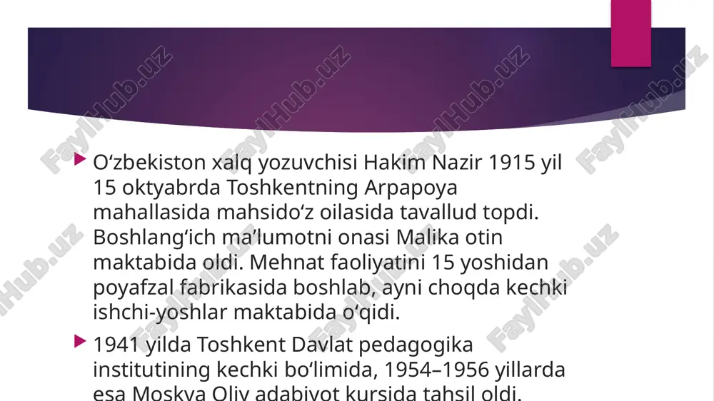 lari” (1954), “yonar daryo” (1966), “kenjatoy” (1976), “tohir zuhra qissasi” (1985) “dadamni topib beringlar” (1991) yozuvchi ijodida kattalar uchun yozilgan hikoya, ocherk va qissalar ham yetakchi oʻrinni egallaydi. “musobaqadoshlar” (1950), “odamning qadri” (1958), “oʻtlar tutashganda” (1960), “onaizor” (1961), “aziz odam” (1964), “shoshilinch telegrammalar” (1987) kabi hikoya va ocherklardan iborat toʻplamlari, “suv gadosi oqpadar dengizni boshlab keldi” (1962) va “koʻkterak shabadasi” (1988) kabi qissalari shular jumlasidandir. hakim nazir tavalludining 50 yilligi munosabati bilan ikki jildlik (1969–1970), 60 yilligi oldidan besh jildlik “tanlangan asarlar”i (1977–1981) chop etildi. yozuvchining 80 yilligiga bagʻishlangan, memuar janriga mansub ikki yangi kitobi bosildi ‒ biri “oq fotiha yoki bolalik sarguzashtlari” xotira-qissasi (1995), ikkinchisi esa “yodimdasiz, azizlarim” (1995) esdaliklaridir. hakim nazirning oʻnlab kitoblari rus, qozoq, qirgʻiz, turkman, tojik, gruzin, arman, ukrain, belorus, latish, litva, eston, nemis, fransuz, ispan, bulgʻor, chex, moʻgʻil tillariga oʻgirilgan, alohida kitoblar holatida nashr etilgan. adib asarlarining umumiy tiraji ‒ sanogʻi bir yarim milliondan oshadi. …