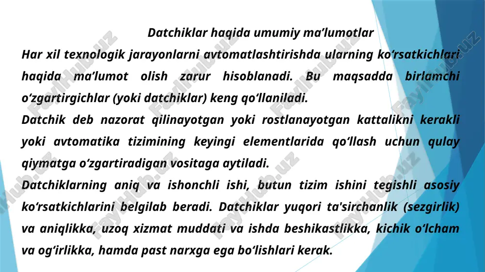 ketma-ket ishlaydigan datchiklardan tashkil topgan. bundagi bitta datchikni chiqish kattaligi kelgusi datchikni kirish miqdori bo‘lib xizmat qiladi. mexanik o‘zgartirgichlar mexanik kirish ko‘rsatkichlarni (bosim, kuch, tezlik, sarf va hokazo) mexanik chiqish ko‘rsatkichlarga ( aylanish chastotasi, bosim va hokazo) o‘zgartirib berish bilan xarakterlanadi. bunday o‘zgartirgichlarning sezgirlik elementi sifatida elastik elementlar (membrana, prujina, balka kabilar) poplavoklar, krilchatkalar va drosselli qurilmalar ishlatiladi. elektromexanik birlamchi o‘zgartirgichlar (yoki elektrik datchiklar) kirish mexanik ko‘rsatkichlarni (bosim, kuch, sarf kabilarni) chiqish elektrik ko‘rsatkichlarga (kuchlanish, tok, qarshilik, induktivlik kabilarga) o‘zgartirib berish uchun xizmat qiladi. elektromexanik o‘zgartirgichlar parametrik va generator o‘zgartirgichlarga bo‘linadi. parametrik datchiklarda chiqish ko‘rsatkichi elektr zanjir kattaliklaridan (qarshilik, induktivlik, o‘zaro induktivlik, elektr sig‘imi kabilardan) tashkil topadi. bunday turdagi datchiklarda elektr toki va kuchlanish sifatida chiqish signalini olish uchun ular maxsus elektr sxemalariga (ko‘prikli, differensialli) ulanishi hamda alohida energiya manbasiga ega bo‘lishi kerak . aktuatorlarning bir nechta turlari mavjud, ammo ushbu maqolada biz pistonni boshqarish uchun elektr motorini ishlatadigan mexanizmga …